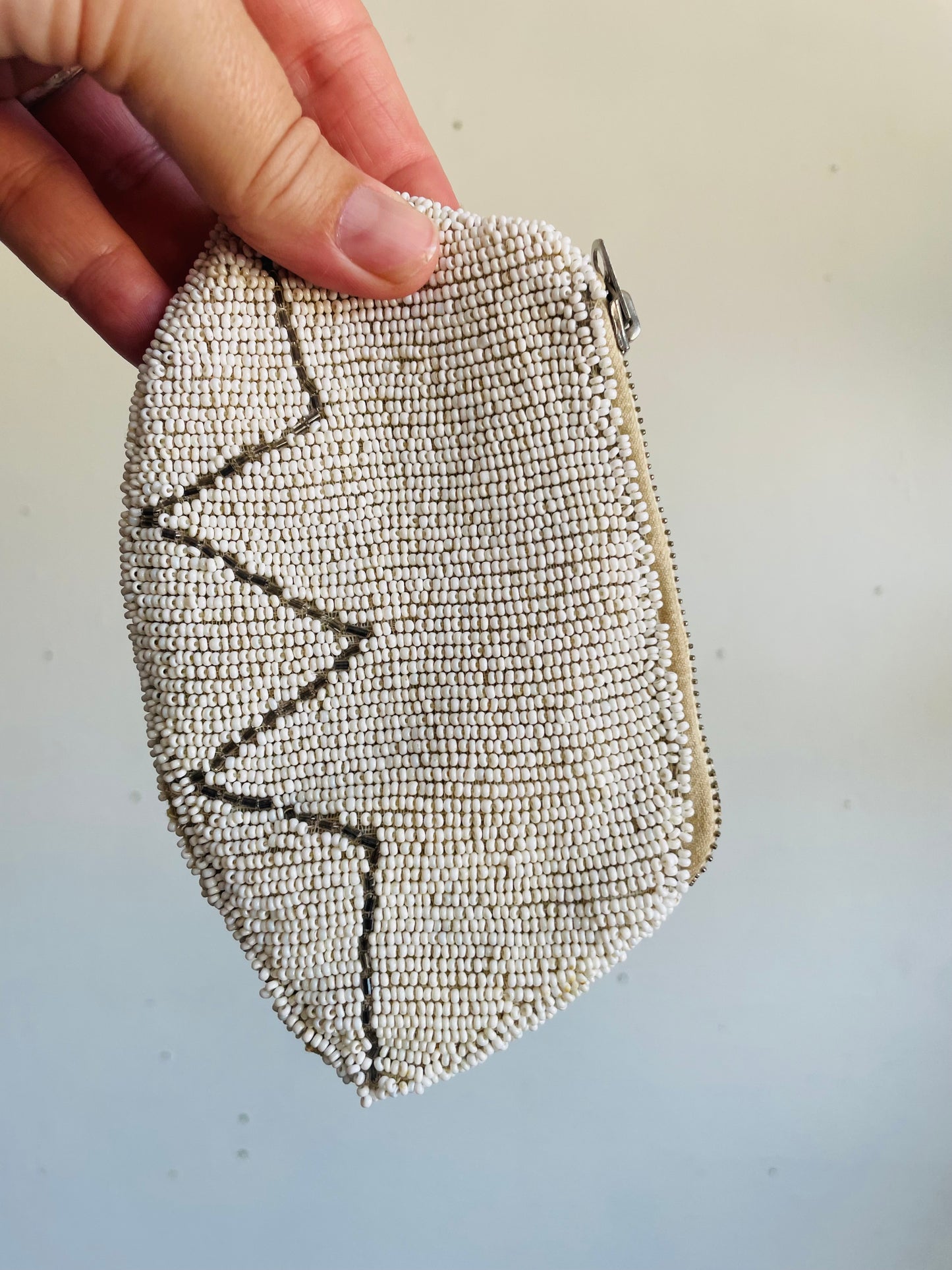 Vintage White & Silver Hand Beaded Zippered Pouch Clutch Wallet with Hand or Belt Hook Holding Strap - French Language Writing on Zipper