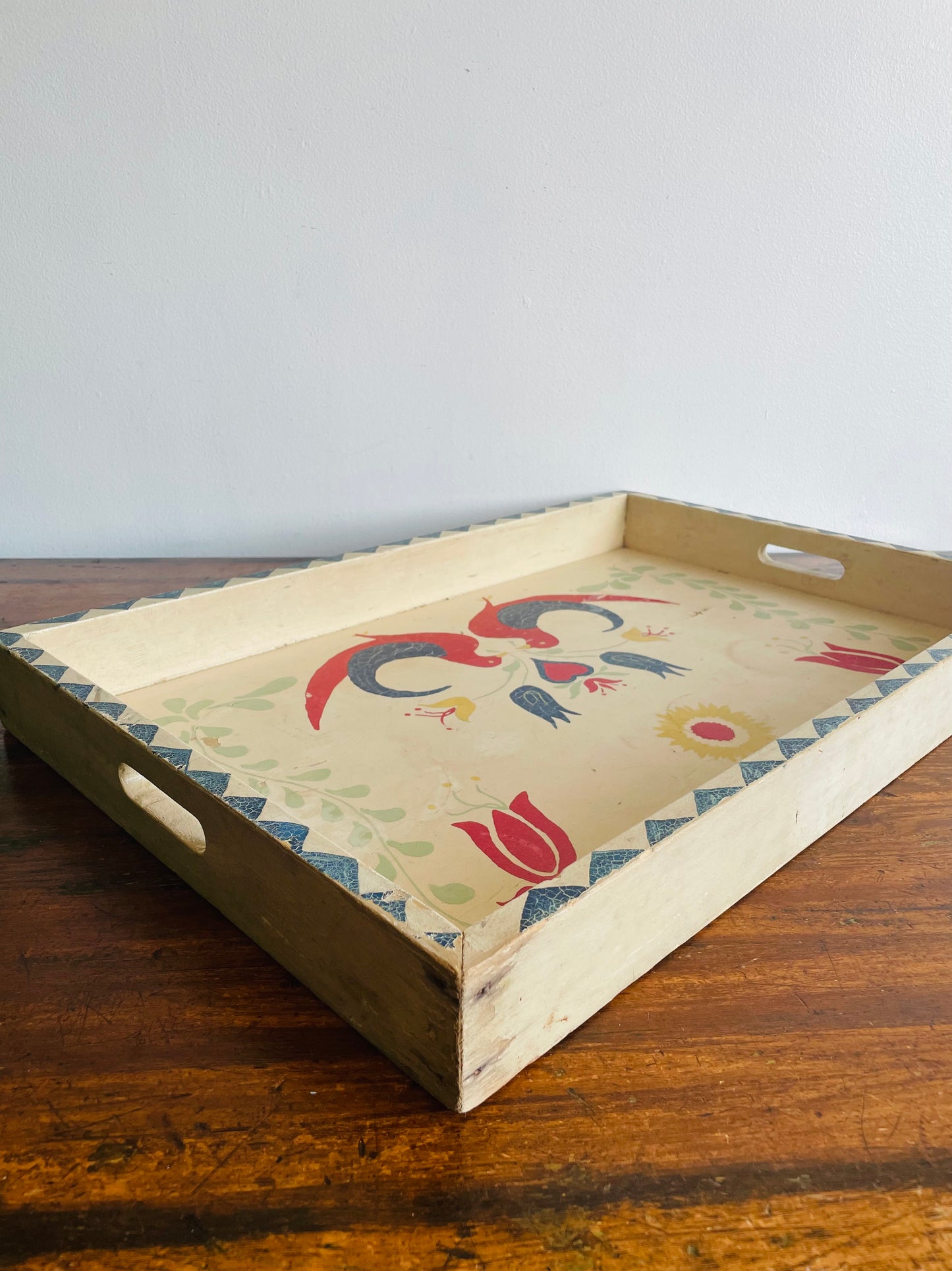 Hand Painted Wood Deep Serving Tray with Handles - Bird & Flower Folk Art Design