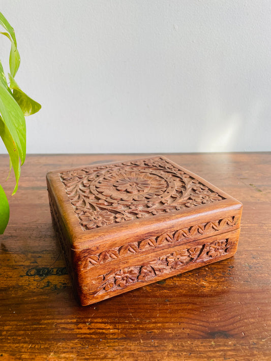 Square Indian Rosewood Box with Hinged Lid & Ornate Carved Flower Design