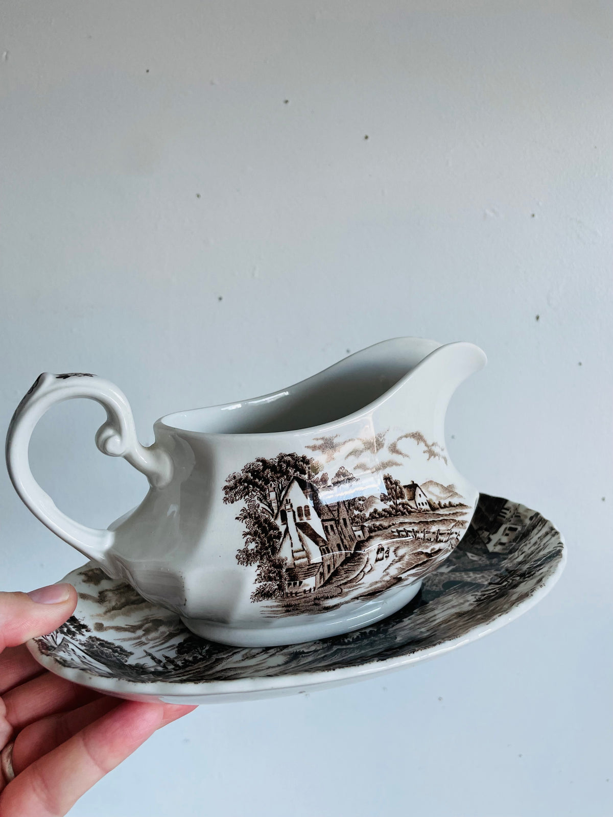 Vintage Ridgway Staffordshire England "Country Days" Brown Transferware Pattern Gravy Sauce Boat & Plate