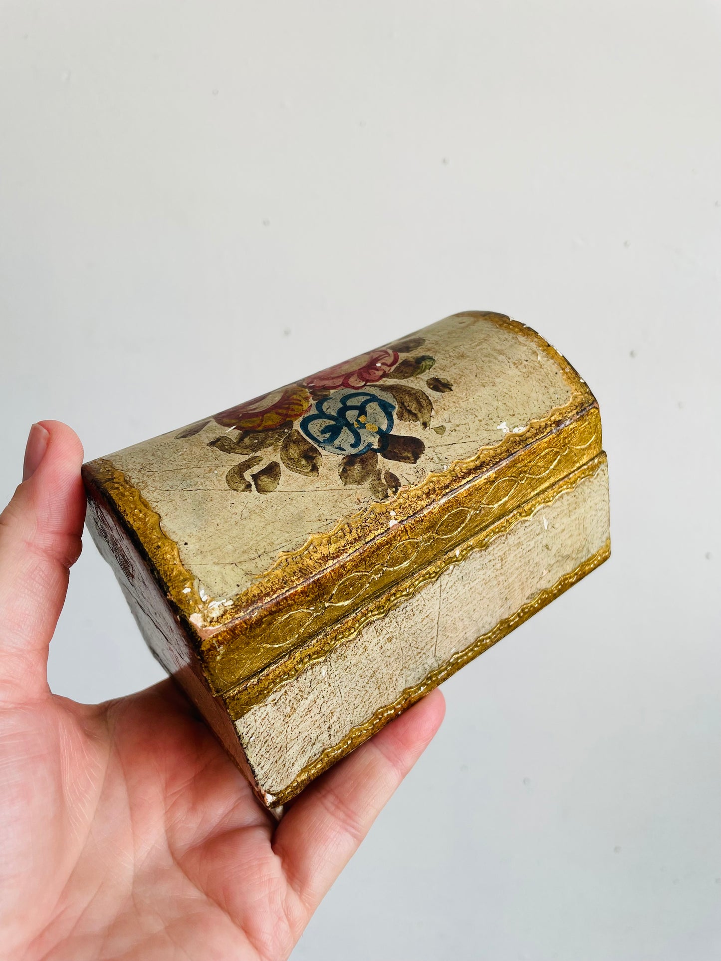 Vintage Florentine Wooden Trinket Box with Rounded Hinged Lid - Gold & Floral Hand Painted Design - Interior Lined
