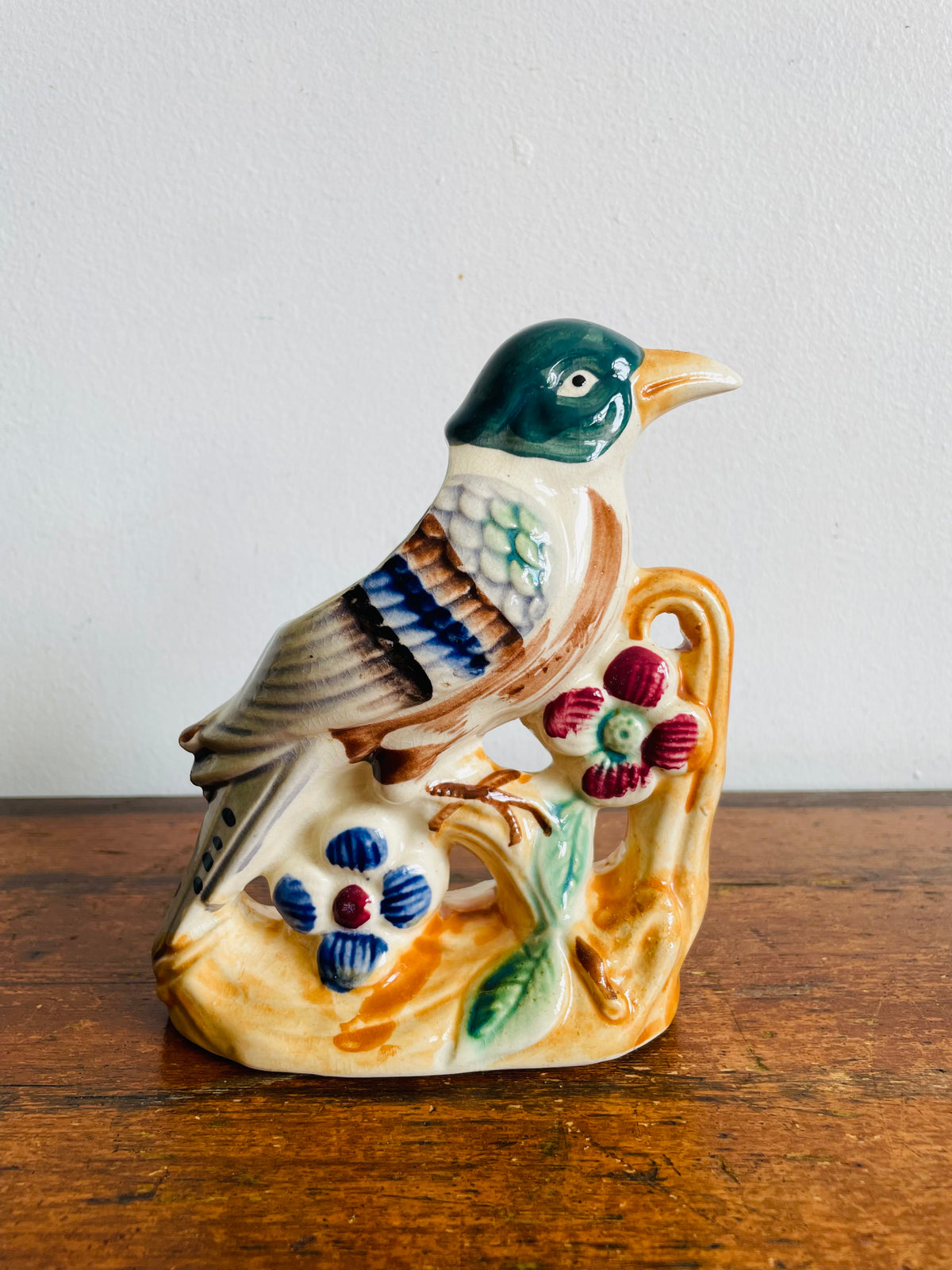 Vintage 1950s/60s Hand Painted Florart Ceramic Bird on Branch with Flowers Vase Planter