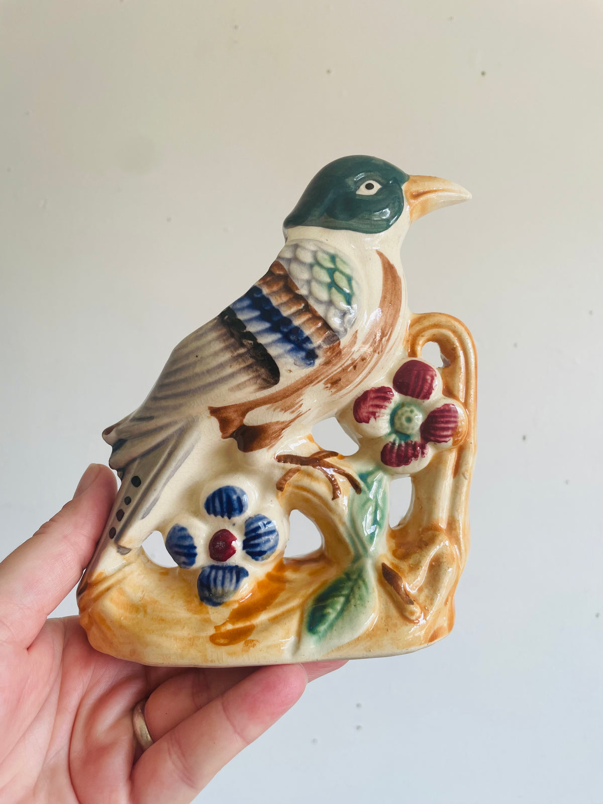 Vintage 1950s/60s Hand Painted Florart Ceramic Bird on Branch with Flowers Vase Planter