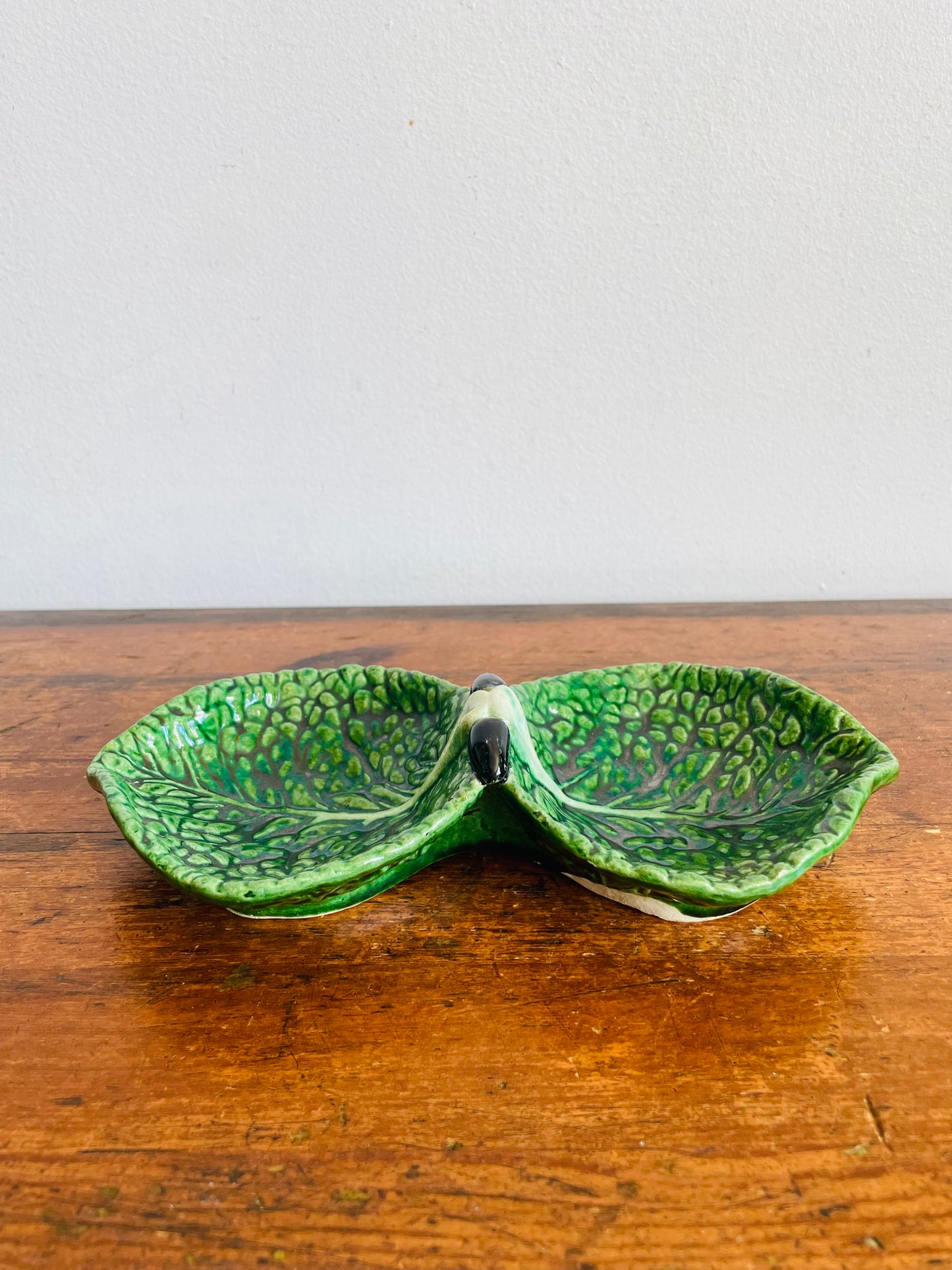 Vintage Cabbageware Cabbage Leaf Divided Double Bowl Dish - Trinkets, Jewellery, Serving, Etc.