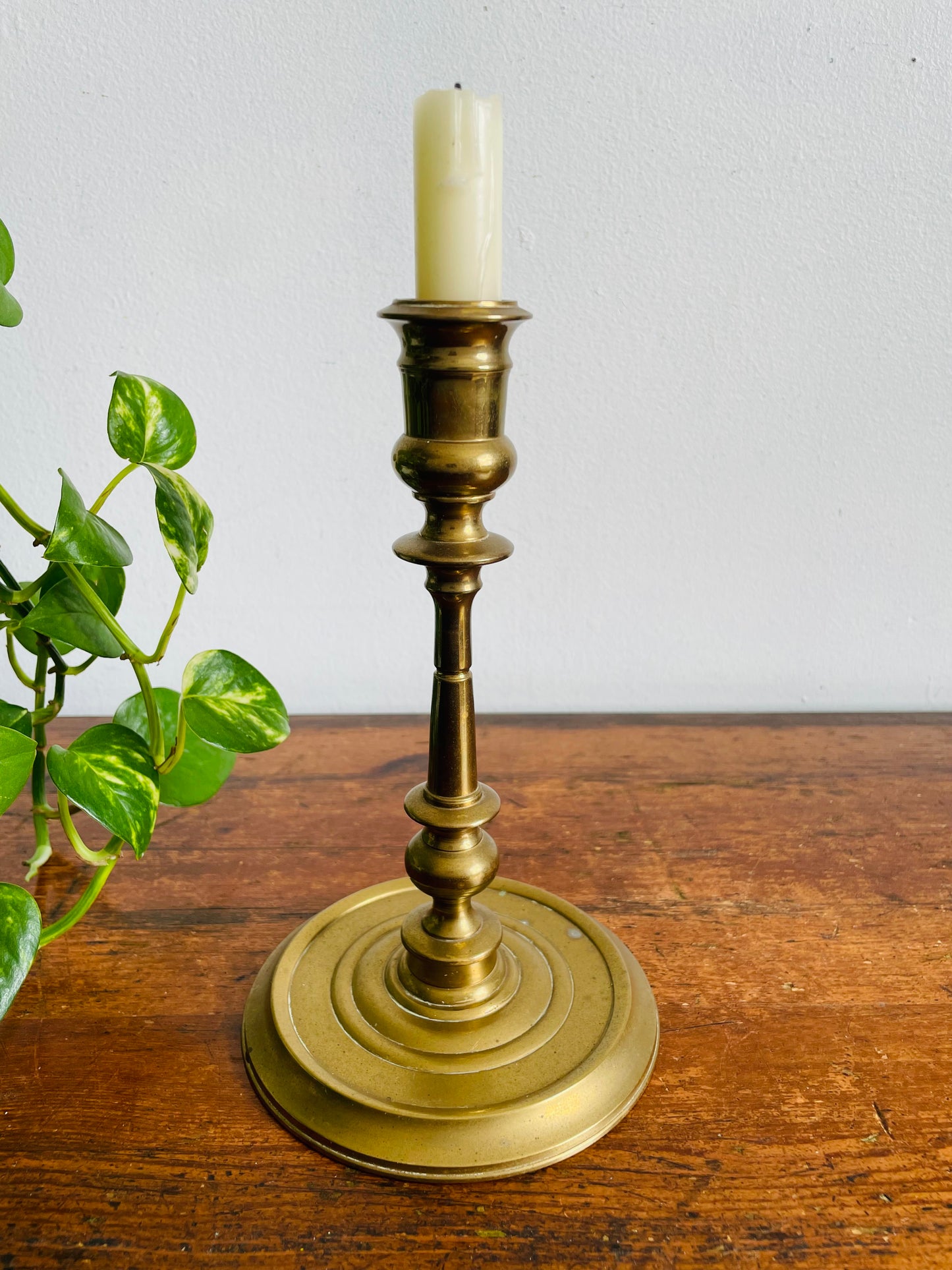 Vintage Sturdy & Solid Tall Brass Candle Holder with Round Ribbed Base - Made in India