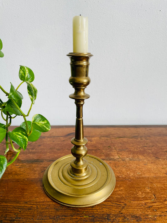 Vintage Sturdy & Solid Tall Brass Candle Holder with Round Ribbed Base - Made in India