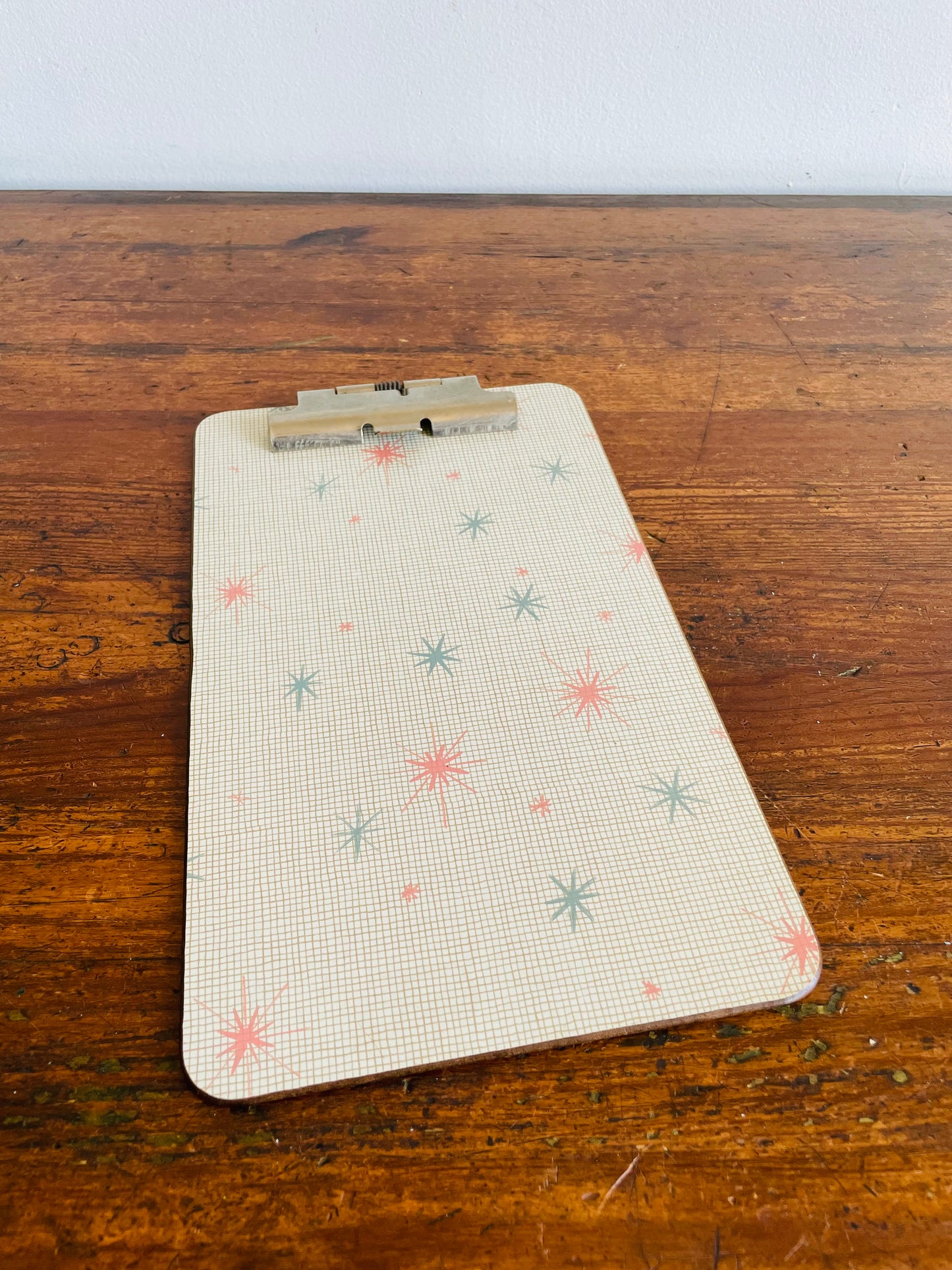 1964 Half Sheet Blue & Pink Atomic Starburst Clipboard with Gator Grip Clip - Made in USA