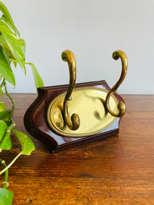 1989 Wood & Brass Double Hook Wall Hanger - Made in Korea