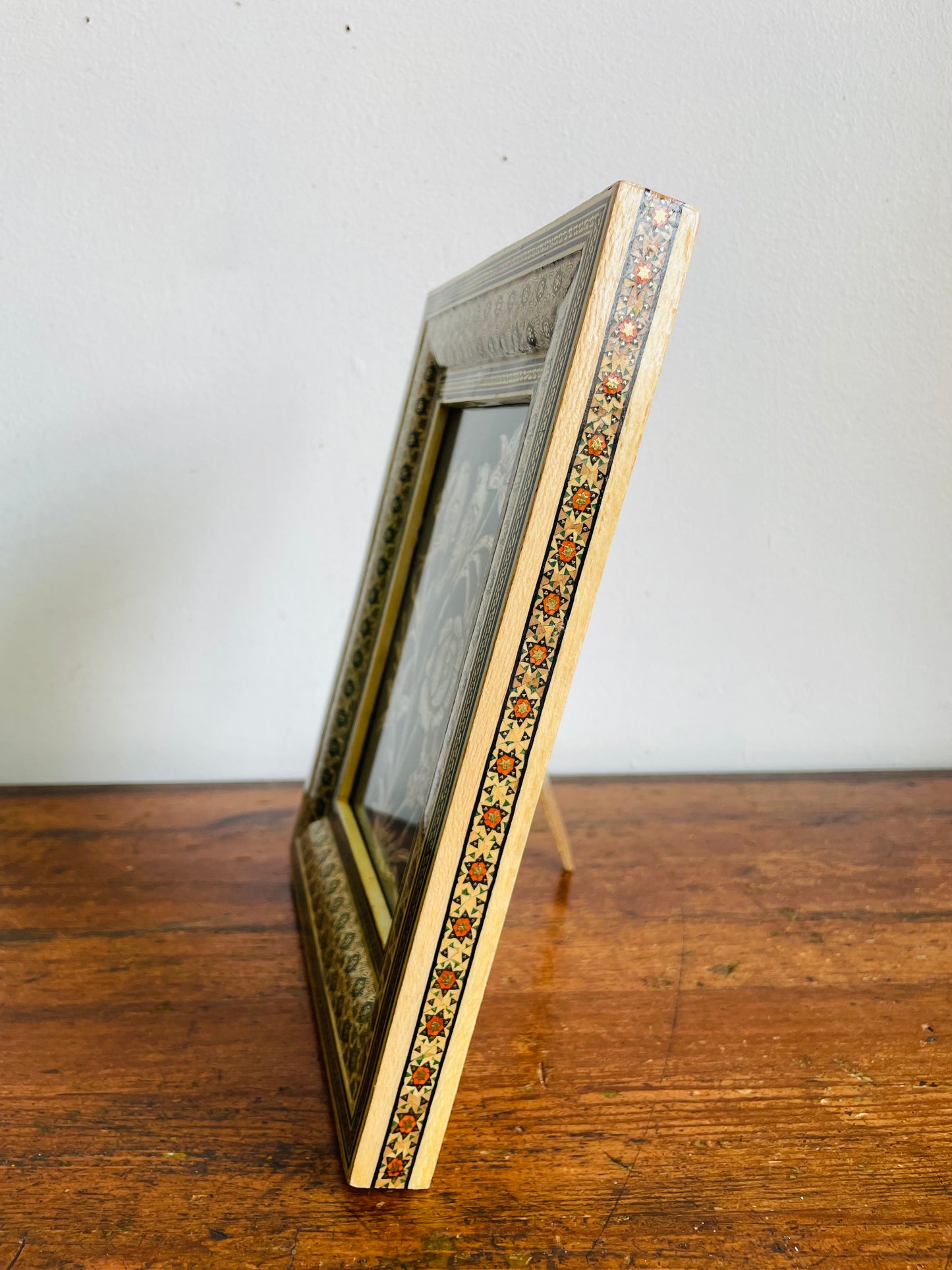 Vintage Persian Khatam Kari Marquetry Frame with Handcrafted Copper & Silver Inlay Picture of Birds & Flowers - Easel Backing