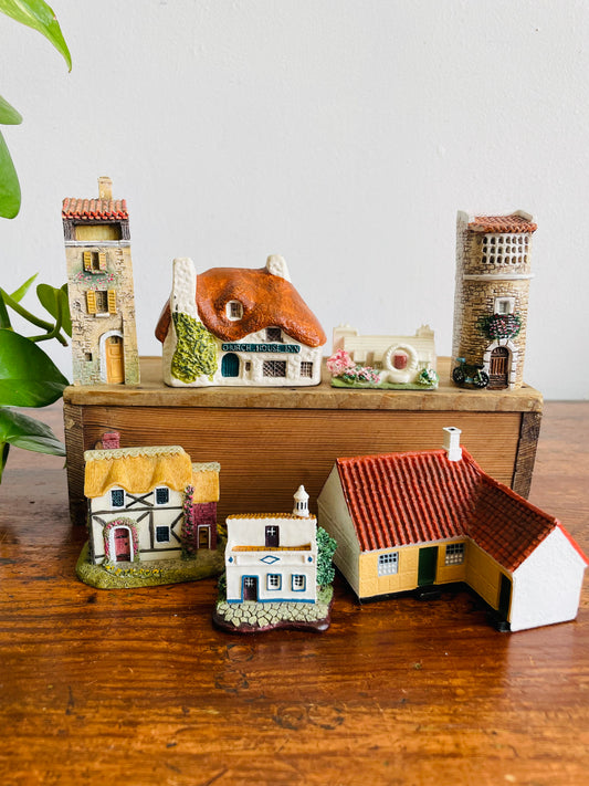 Vintage Collection of 7 Cottage House Figurines - Philip Laureston UK 728, J. Carlton 210263, Dominique Gault 210270, The Leonardo Collection, Pot Luck Pottery Bermuda, Trip Trap Denmark H.C. Andersen's Hus