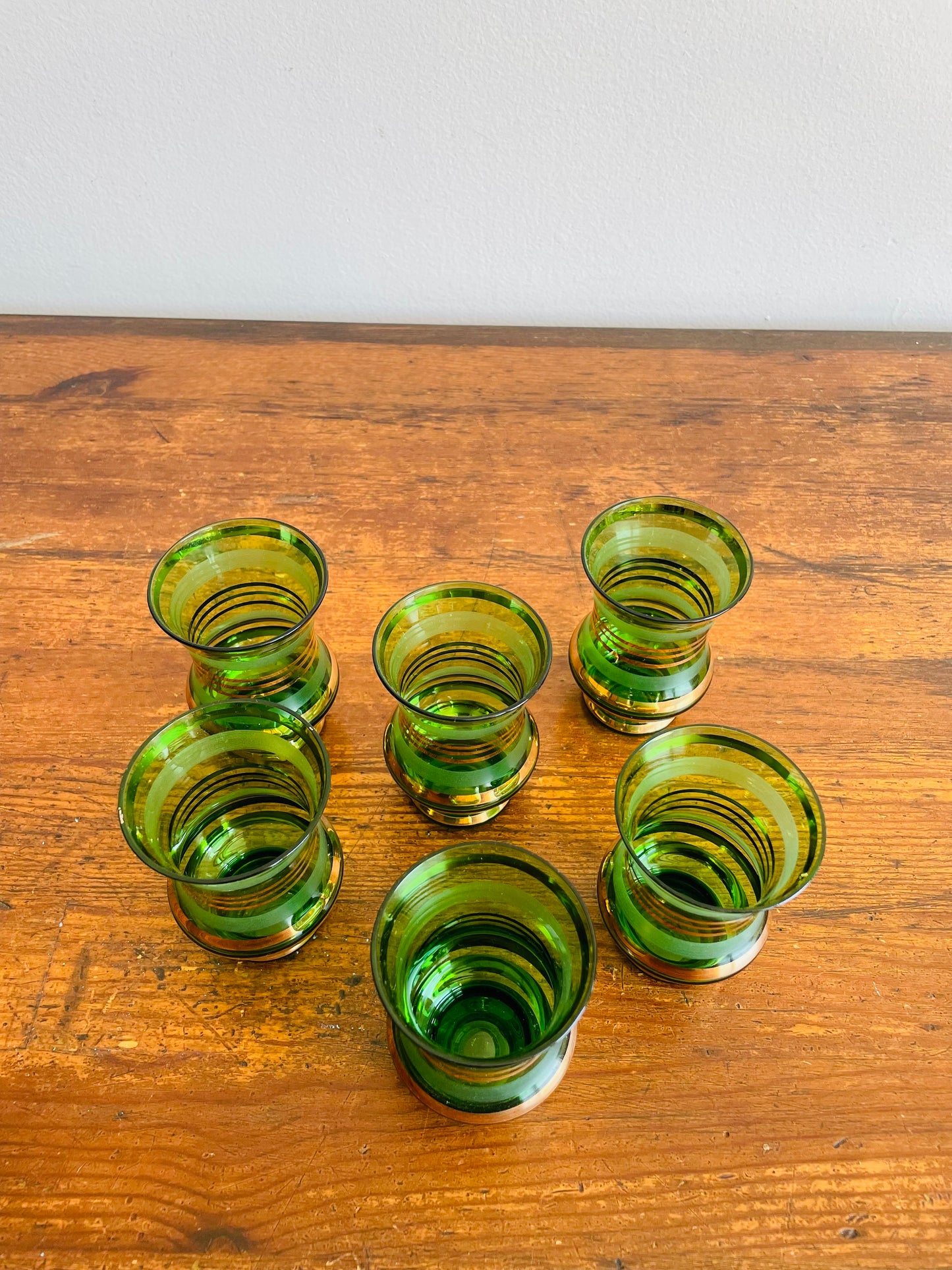 Green Glass with Frosted Bands & Gold Stripes Shot or Cordial Glasses - Set of 6