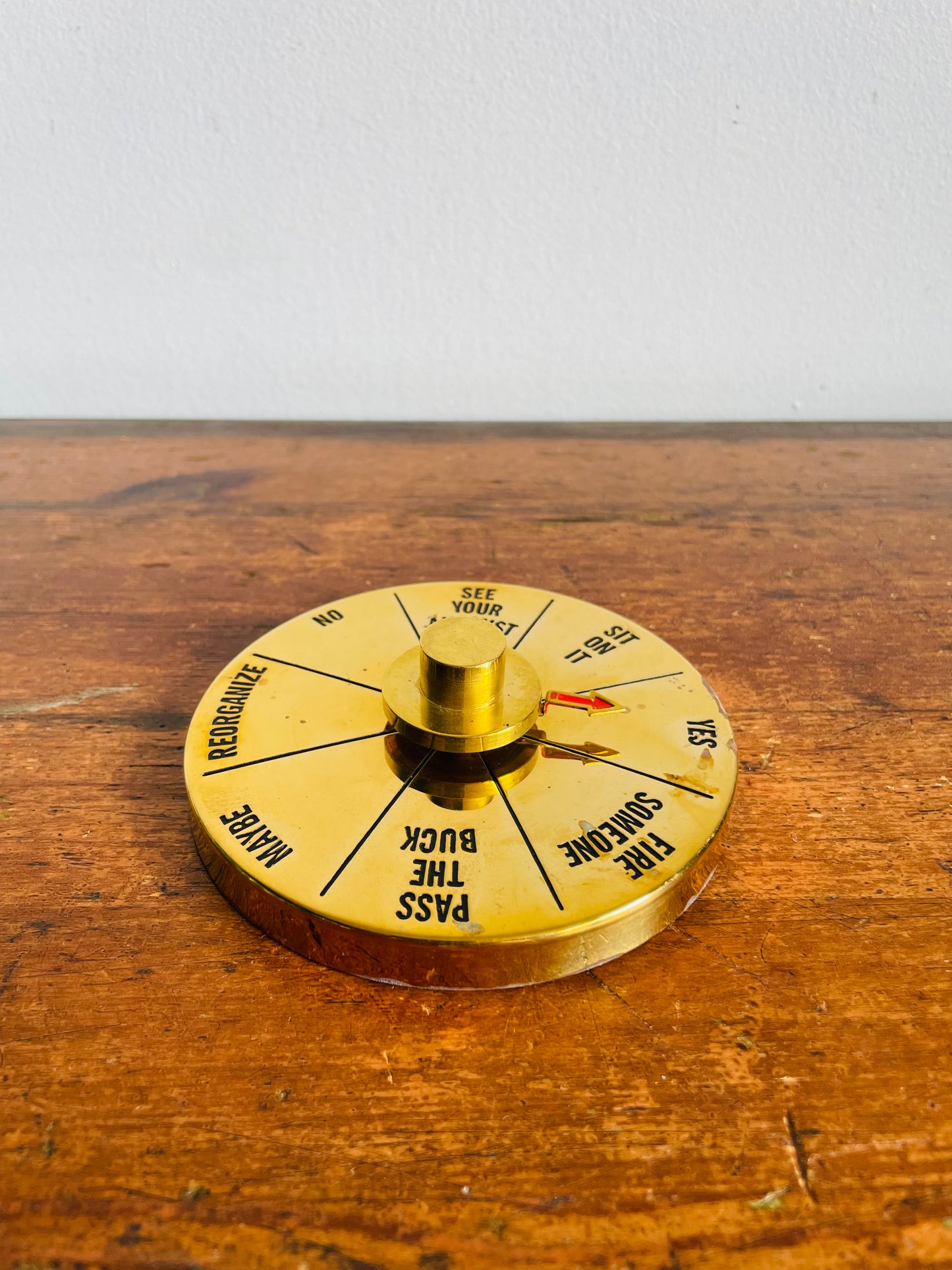 Vintage Brass Executive Decision Maker Desk Toy Paperweight - Made in Hong Kong - Spin the Arrow to Help You Decide!