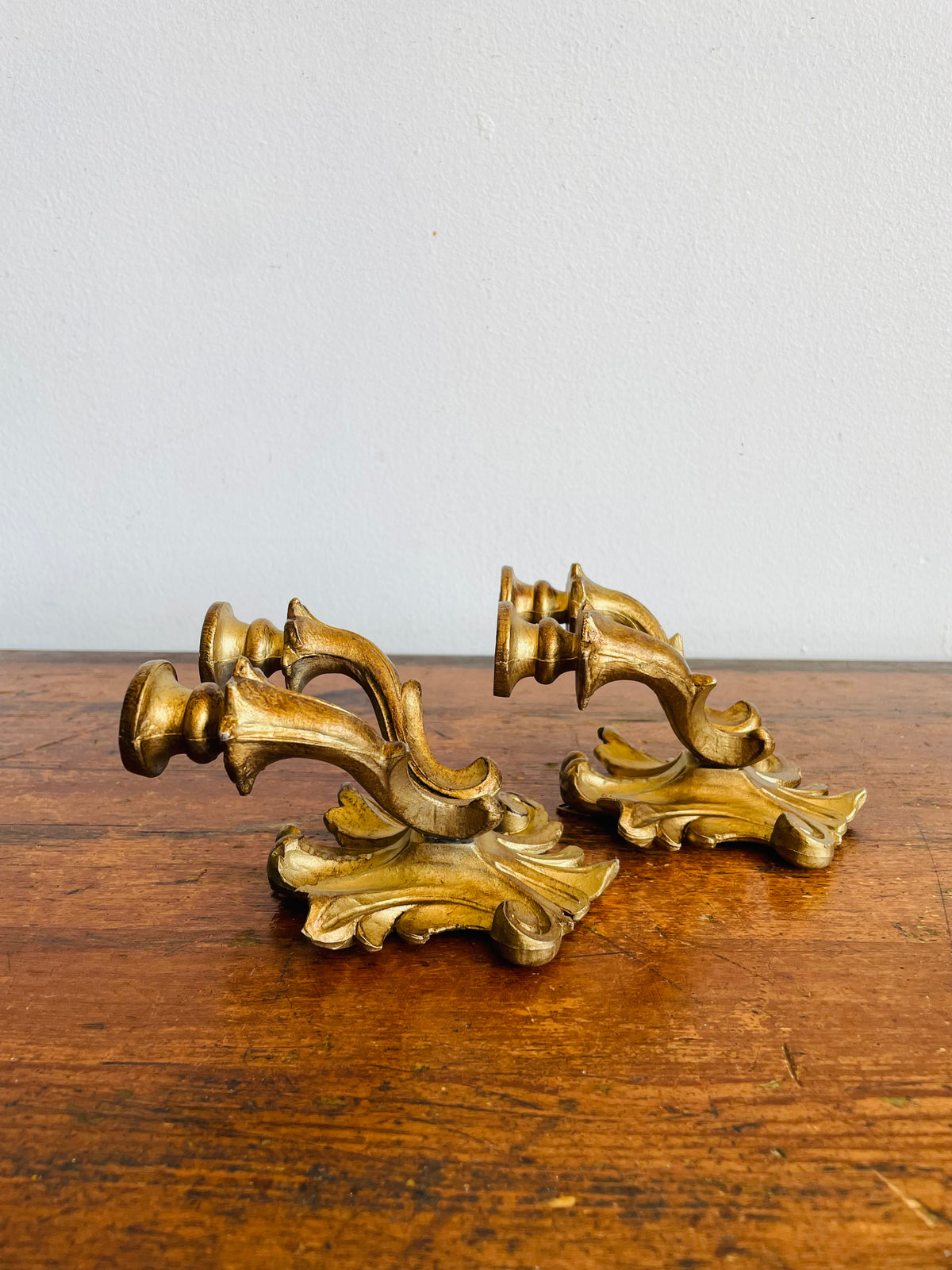 Vintage Italian Double Skinny Taper Candle Holder Wall Hanging Sconces - Gold Rococo Louis XV Style - Set of 2 - Made in Italy