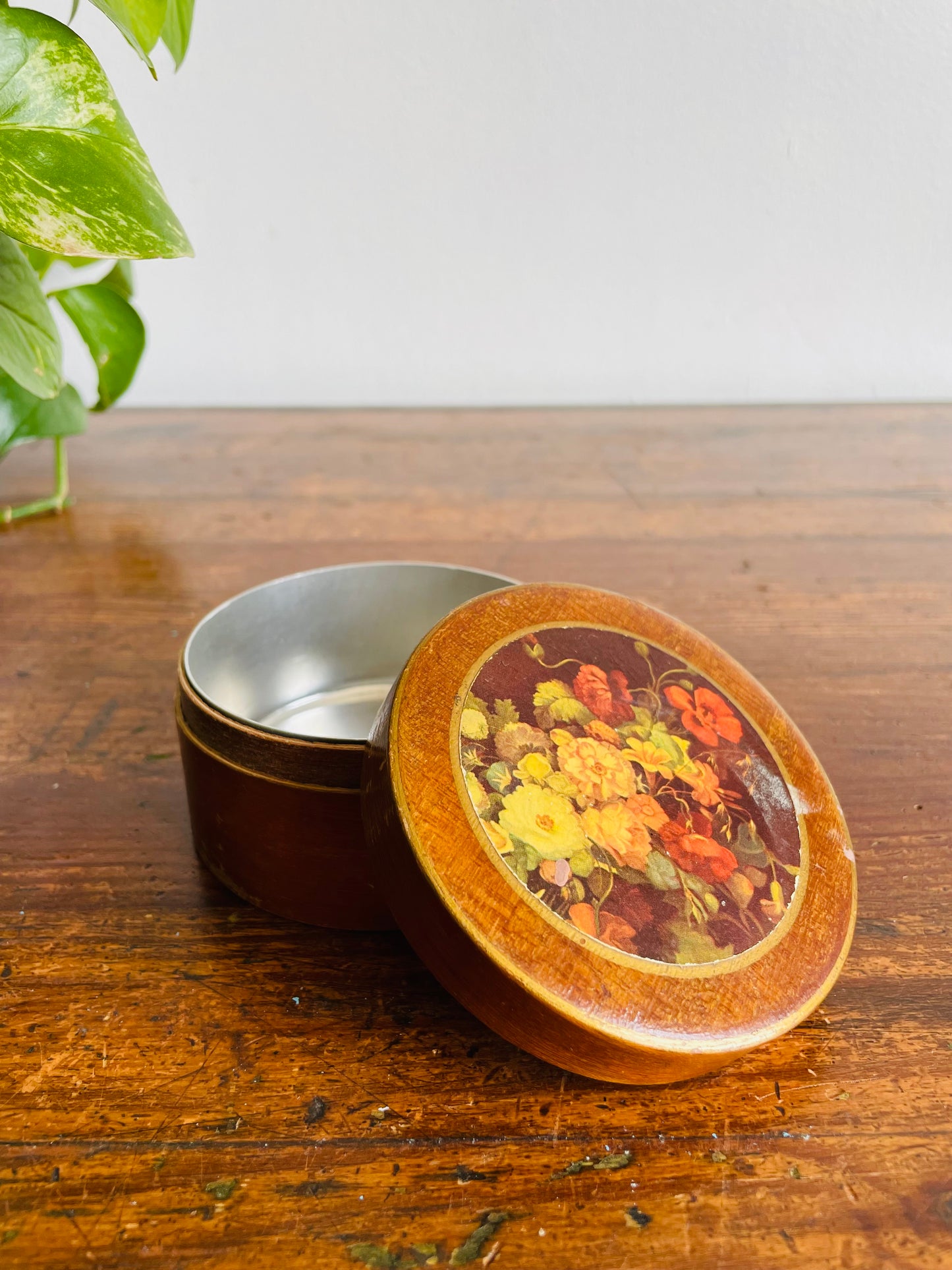 Round Wood & Tin Trinket Box with Floral Lid