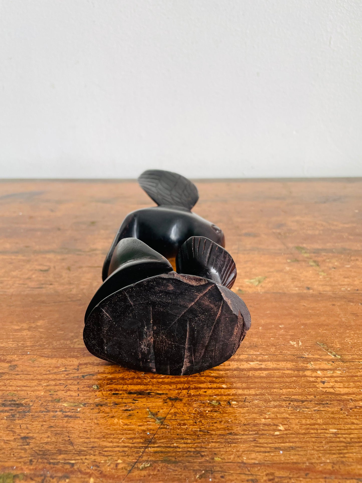 Vintage Hand Carved Dark Wood Hummingbird & Flower Sculpture