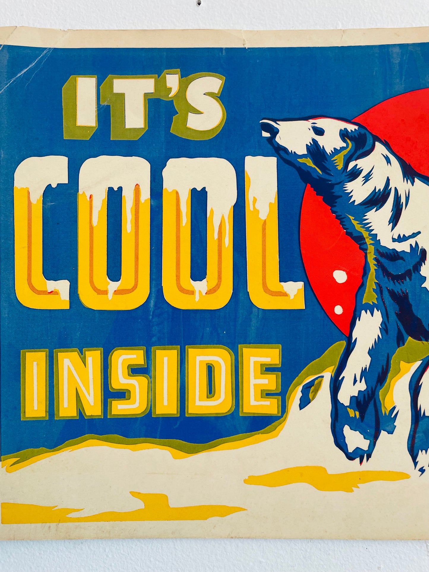 Vintage It's Cool Inside Shop Window Advertising Marketing Sign - Polar Bear with Snow - From When Air Conditioning Was a New Novelty in Shops