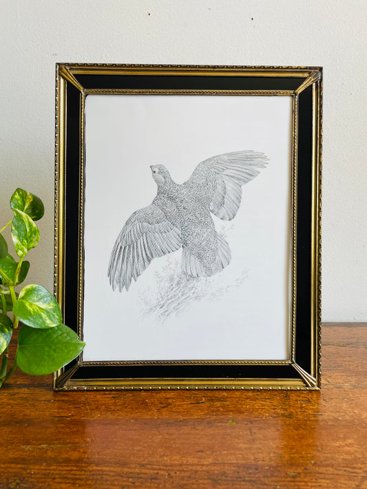 Vintage Stunning Brass & Glass Picture Frame with Black Mat & Easel or Hook Backing - Black & White Grouse Bird in Flight Print Currently Inside / Easily Swap for Your Own Picture!