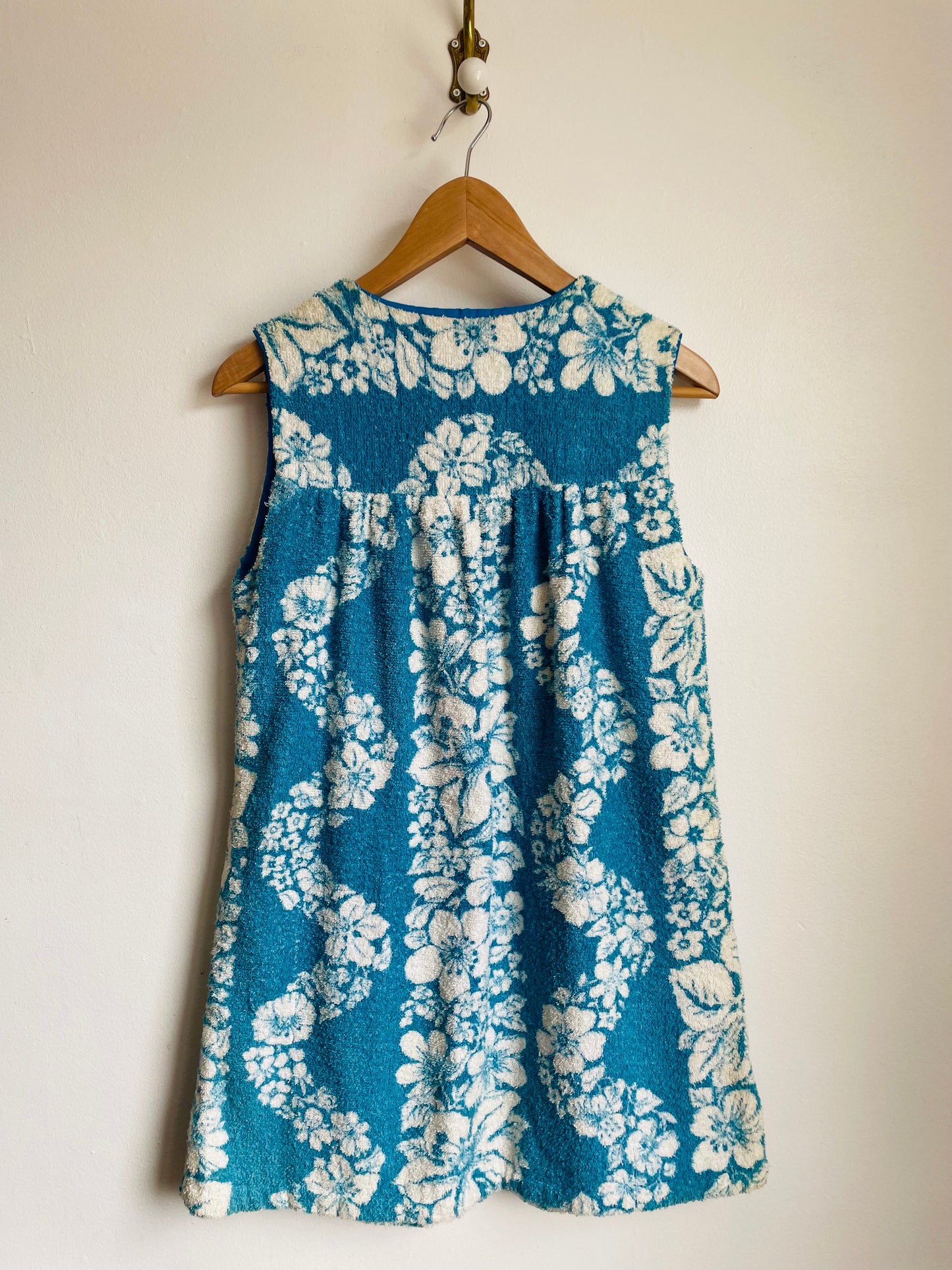 Zippered Terry Cloth Towel Dress or Beach Cover-Up with Pockets & Blue & White Tropical Hibiscus Flower Design