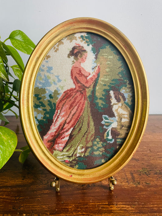 Vintage Needlepoint Embroidery Picture in Gold Oval Frame - Girl in Pink Dress Reading to Her Dog