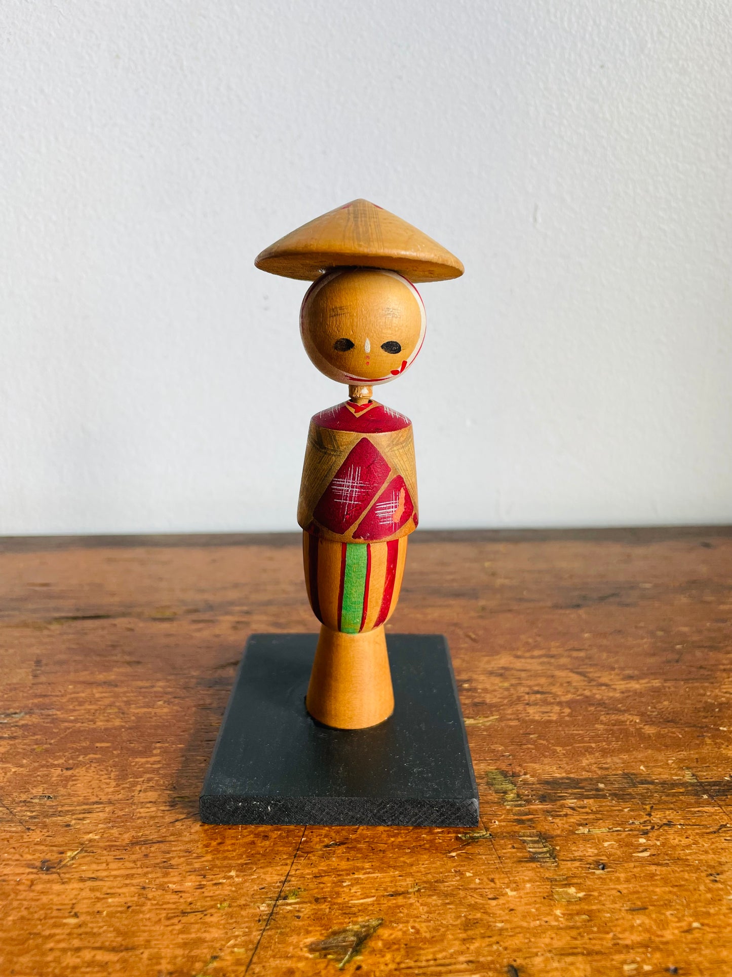 Vintage 5" Tall Japanese Wooden Kokeshi Bobblehead Doll with Maroon Dress & Hat on Base