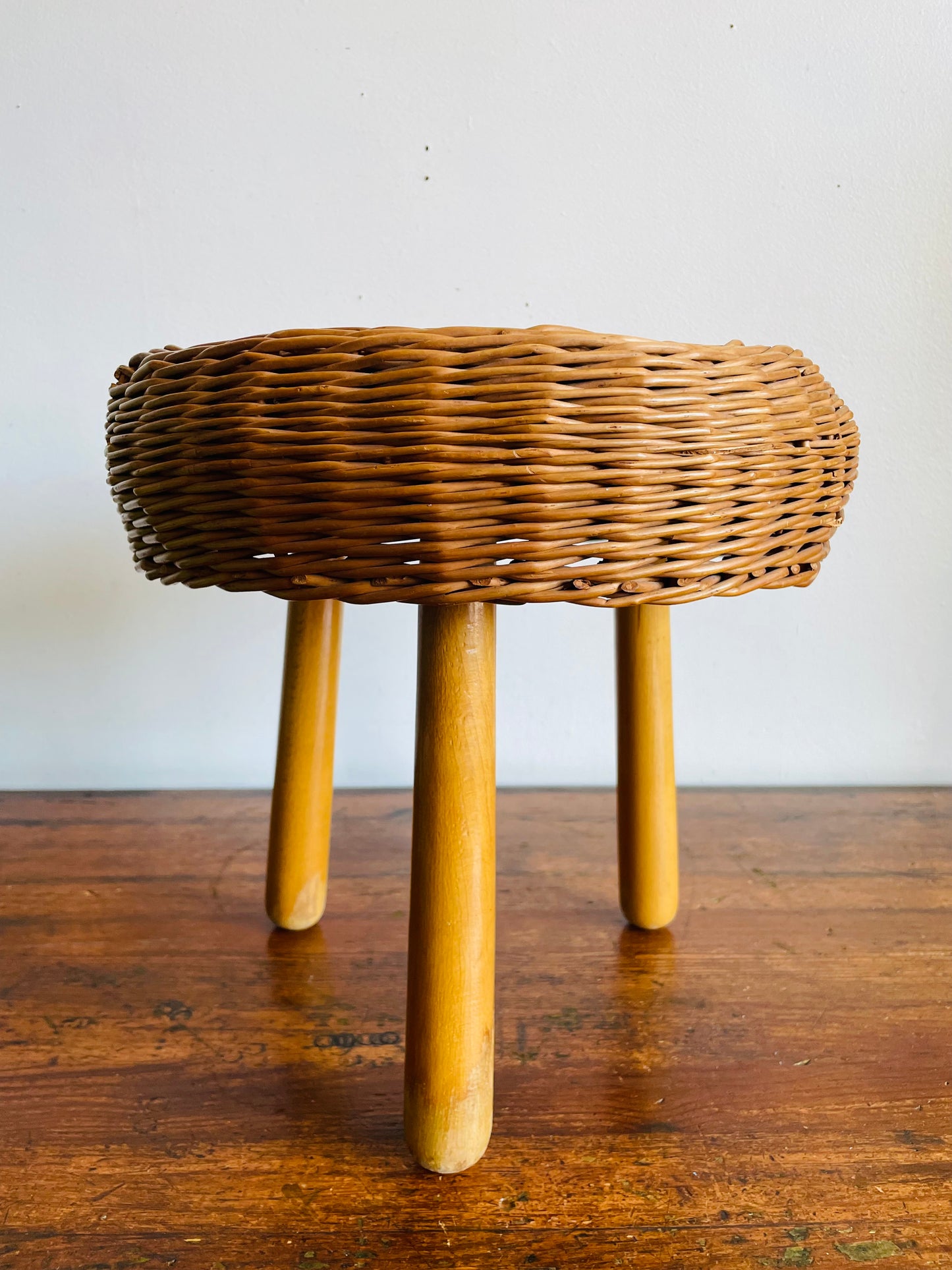 Vintage Mid-Century Modern Tony Paul Attributed Style Wood & Wicker Footrest Stool or Small Side Table with Tripod Spindle Legs