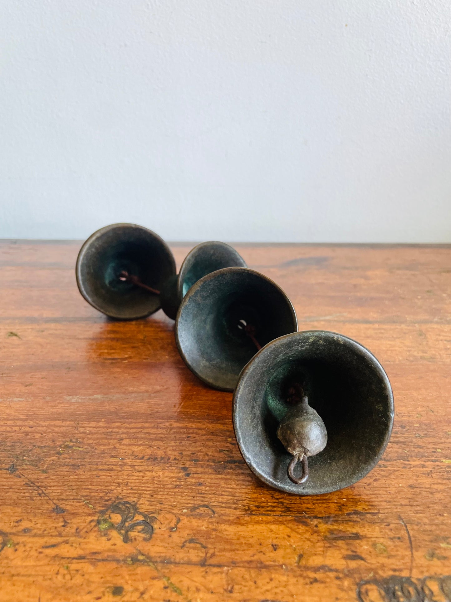 Vintage Carmel California Mission Hanging Bells - Set of 4 on Rope - Heavy & Solid with Aged Patina