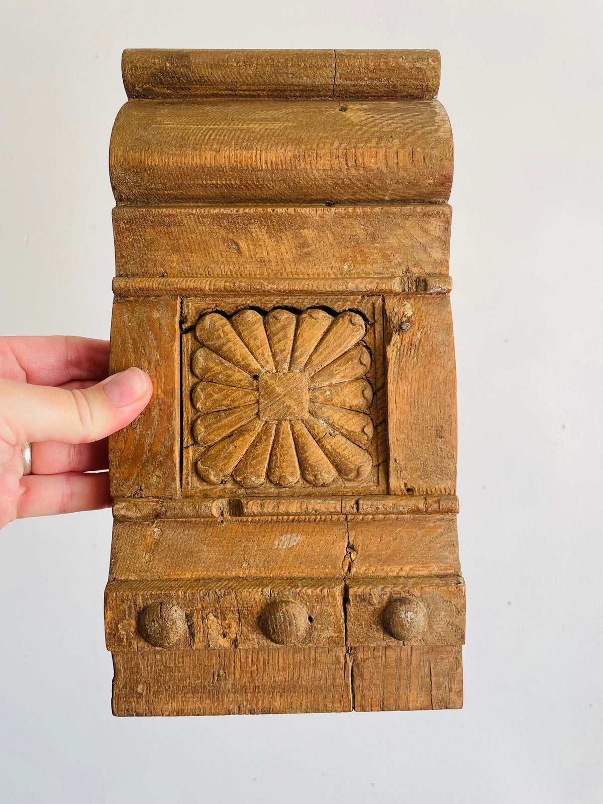 Vintage Wood Architectural Salvage Plinth Block Piece with Floral Rosette & Molded Trim - Can Hang or Stand