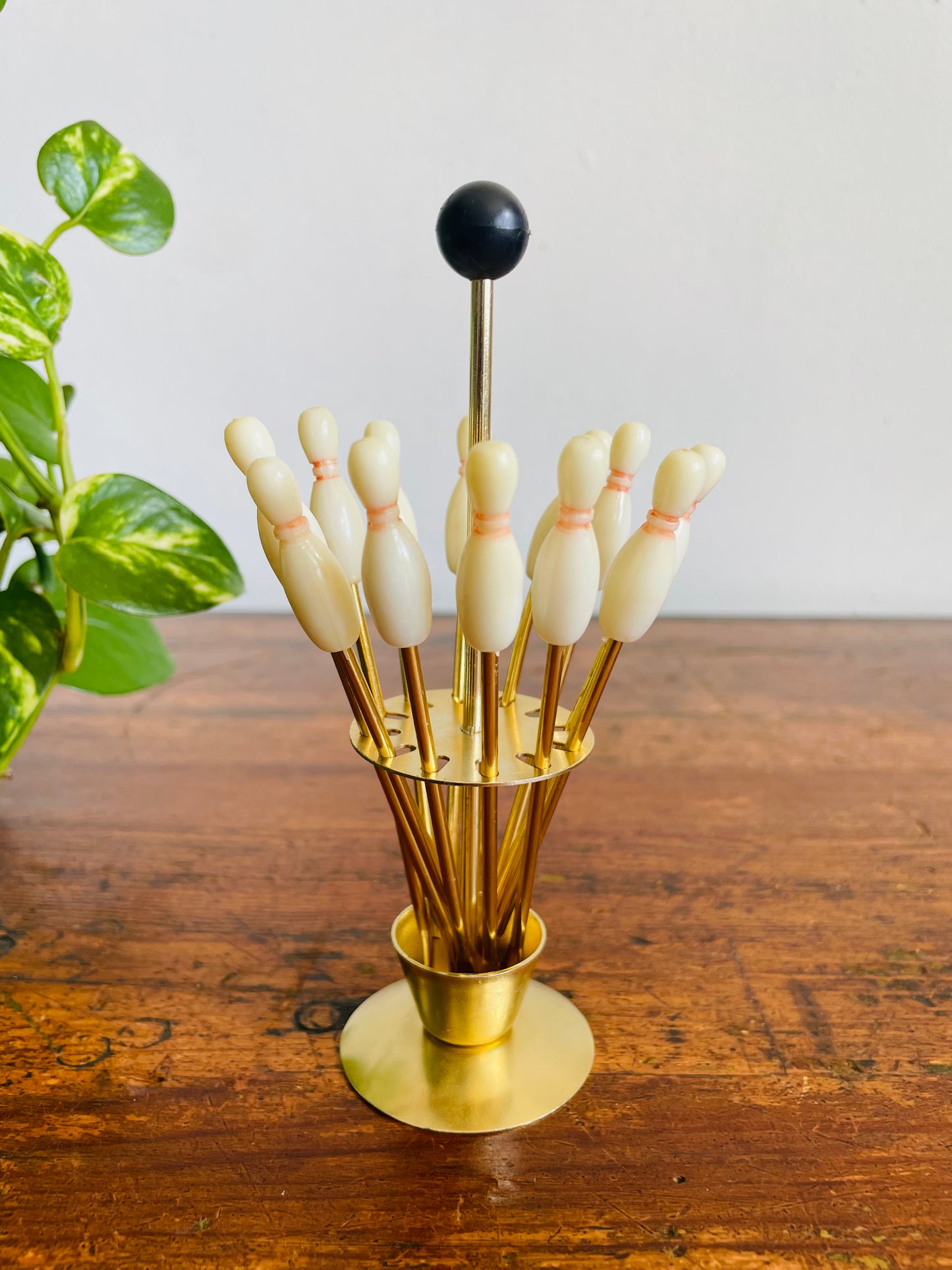Vintage Set of 12 Bowling Pin Mini Appetizer Skewer Forks in Display Stand with Carry Handle - Cocktail / Hors d'oeuvres / Olives - Retro MCM Barware