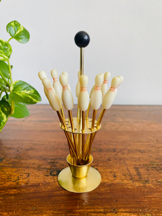 Vintage Set of 12 Bowling Pin Mini Appetizer Skewer Forks in Display Stand with Carry Handle - Cocktail / Hors d'oeuvres / Olives - Retro MCM Barware