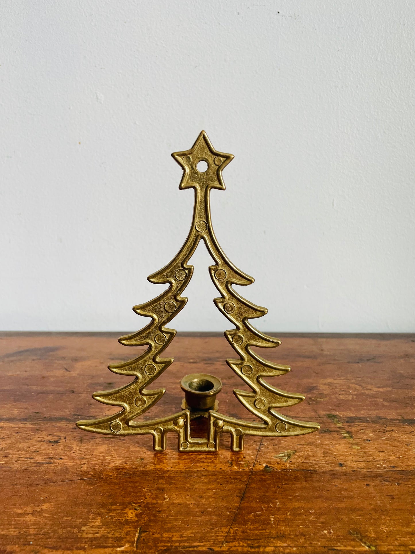 Vintage Solid Brass Christmas Tree with Star Candle Holder