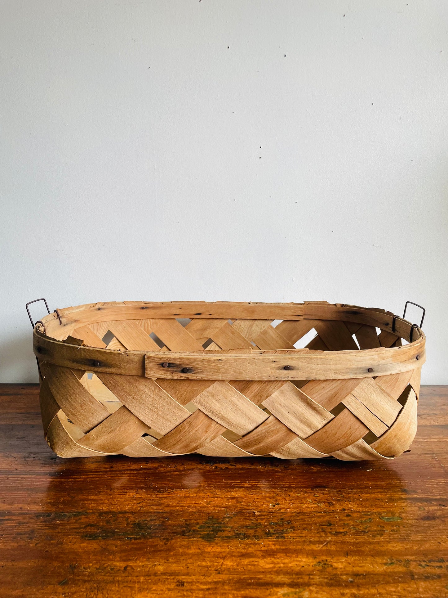 Vintage Oval Woven Wood Wide Slat Basket with Metal Handles - Great Storage & Can Hang Too!