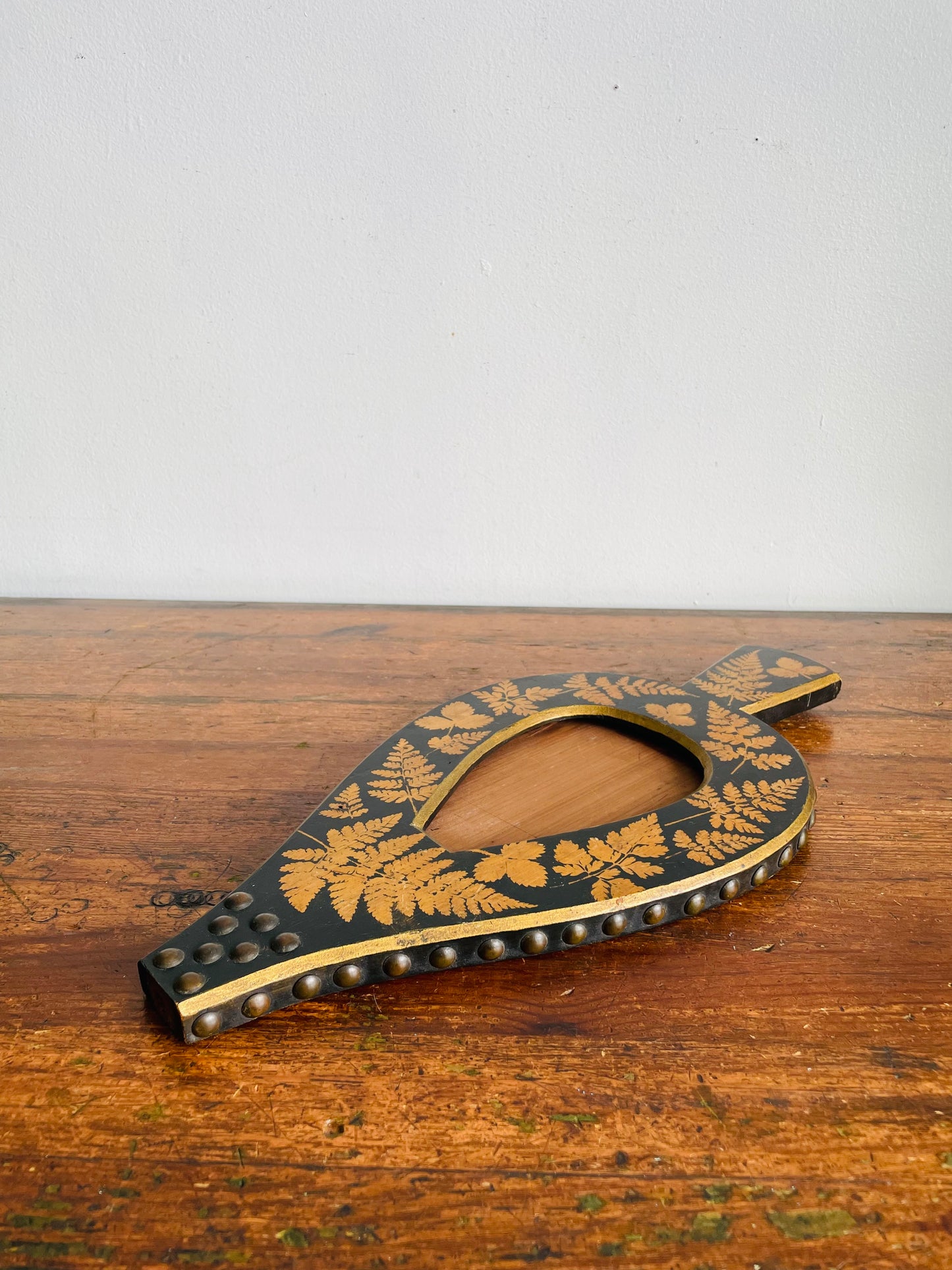 Vintage Handmade & Unique Hanging Wood Picture Frame with Brass Details & Botanical Fern Print - Repurposed Fireplace Bellows? The Most Interesting Frame I've Ever Seen!