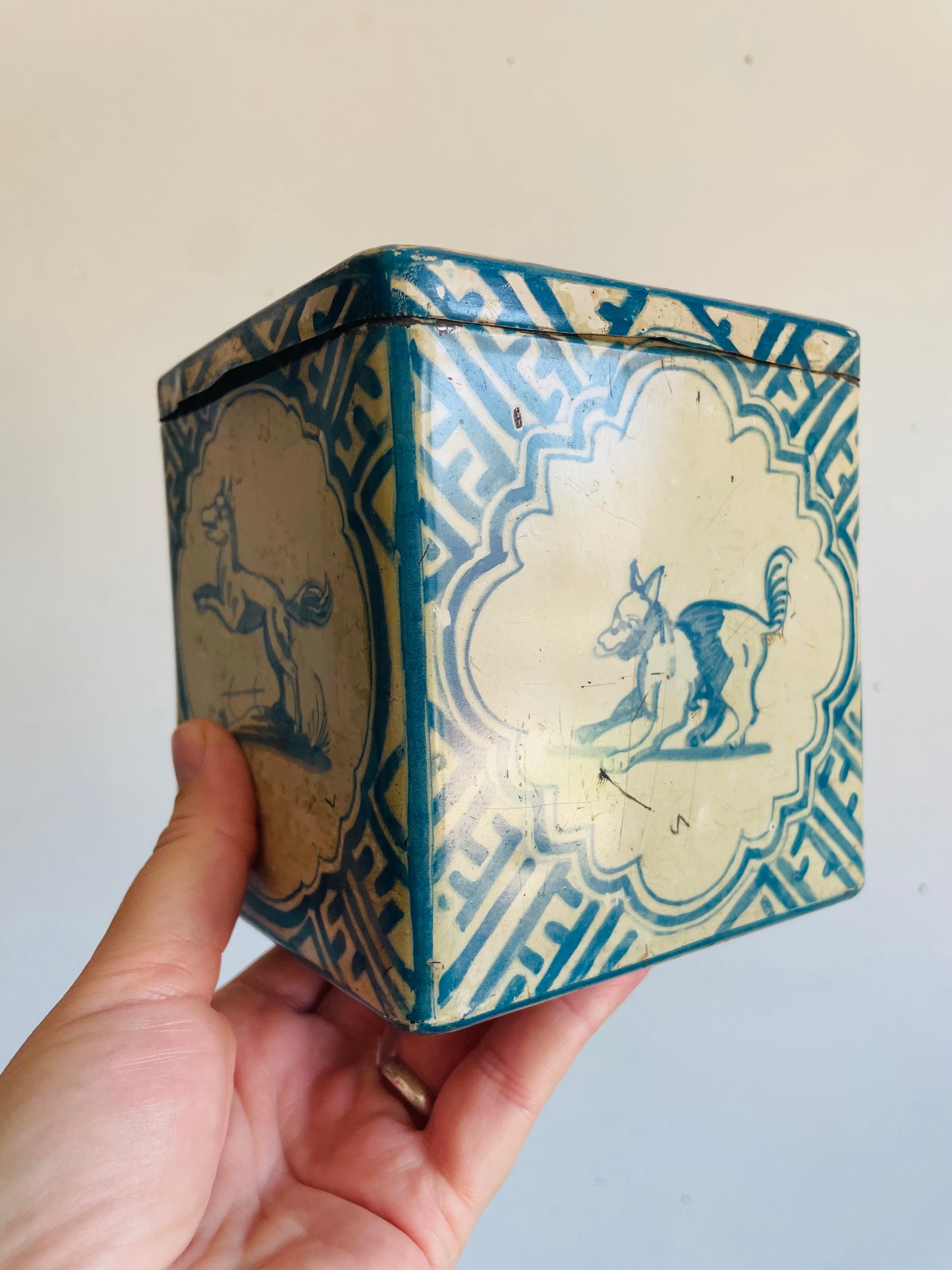 Vintage 1920s Blue & White Delft Tin with Dutch Fox, Rabbit, Dog & Man Design