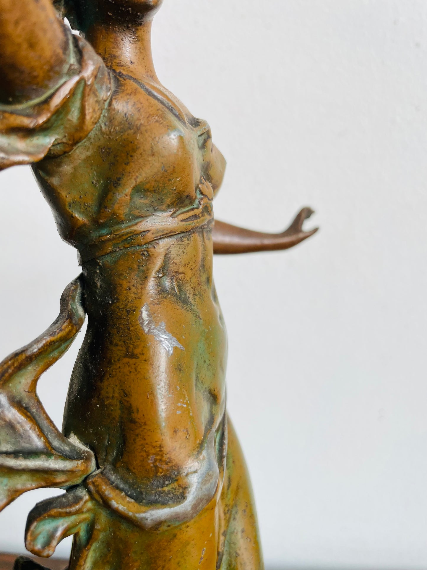 Vintage Art Nouveau Spelter Zinc Sculpture Statue with Bronze Patina - Playful Woman in Dress Frolicking with Leaf - Auguste Moreau Style - Please Read Note