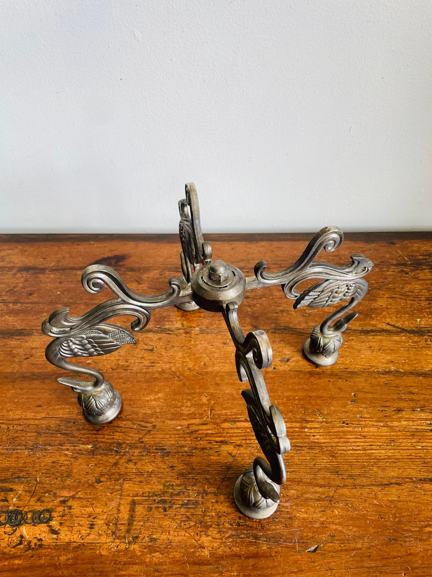 Vintage 1980s Art Deco Style Swimming Swan Birds Silver Plate Candelabra - 4 Point Candle Holder with Centrepiece Bowl Space