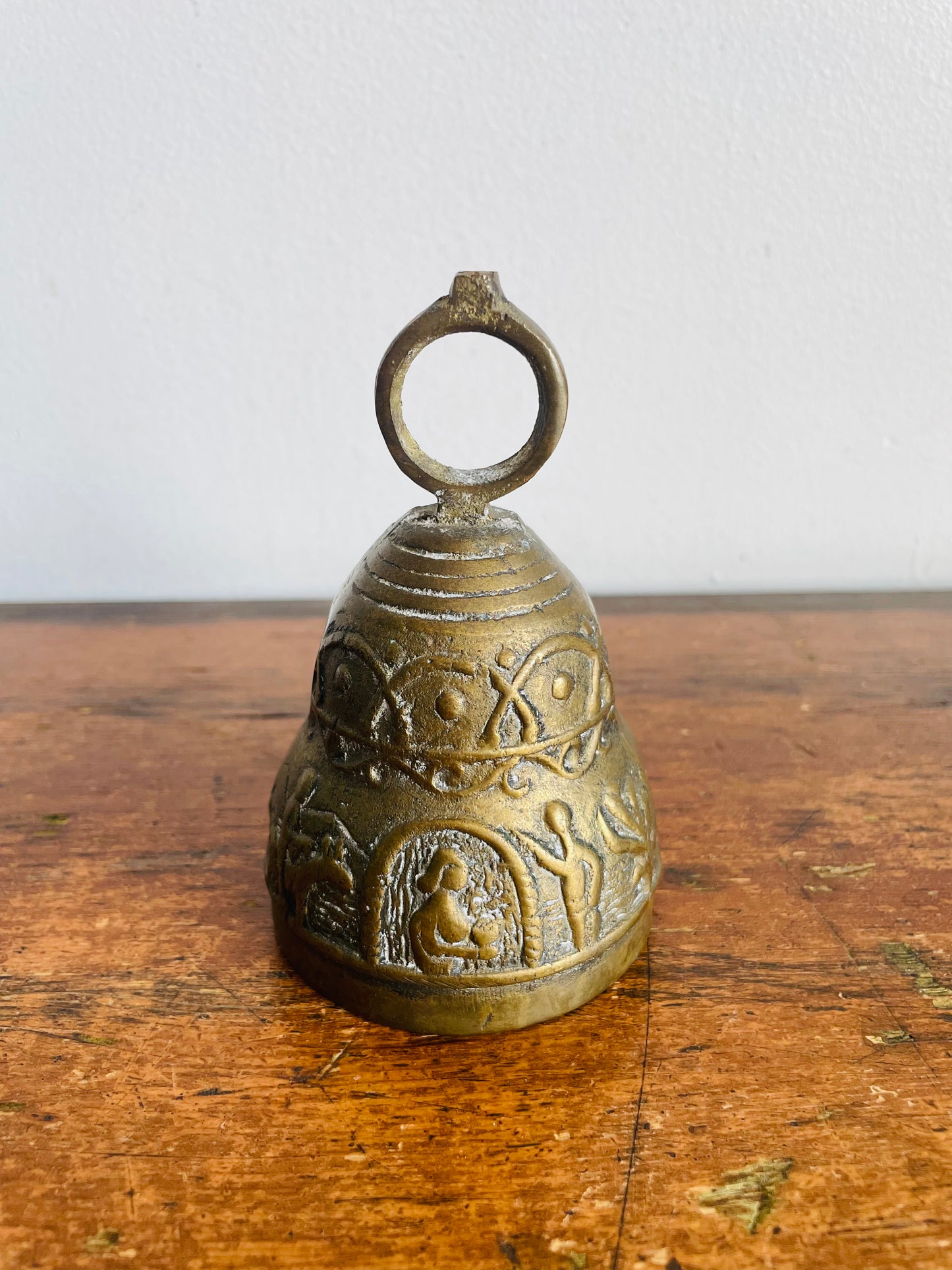 Vintage Heavy & Solid Brass Monastery Sanctuary Bell with Handle & Intricate Embossed Nativity Scene Design
