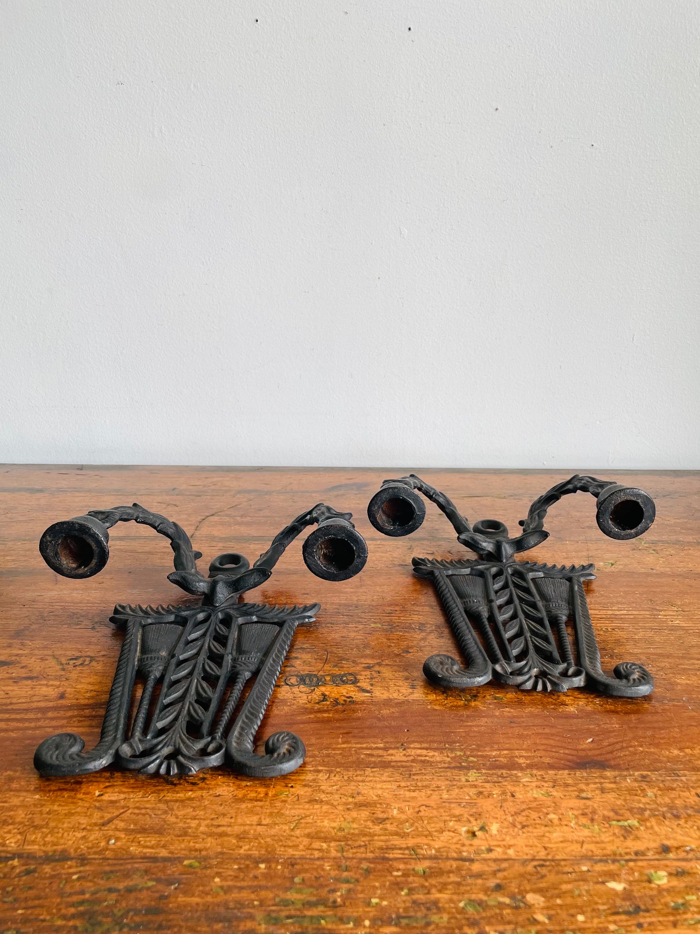 Vintage Wilton Cast Iron Double Candle Holder Wall Hanging Sconces - Set of 2