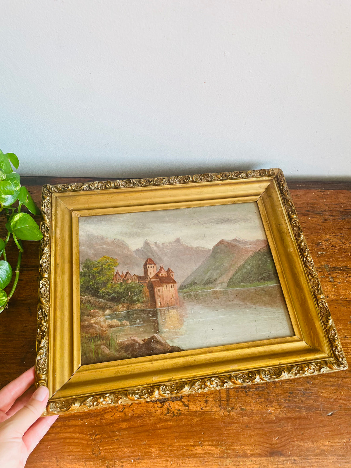 Vintage Original Art Painting Picture in Ornate Gold Frame - Chillon Castle, Switzerland On Lake Geneva with Dents du Midi Alps Mountain Range in Background