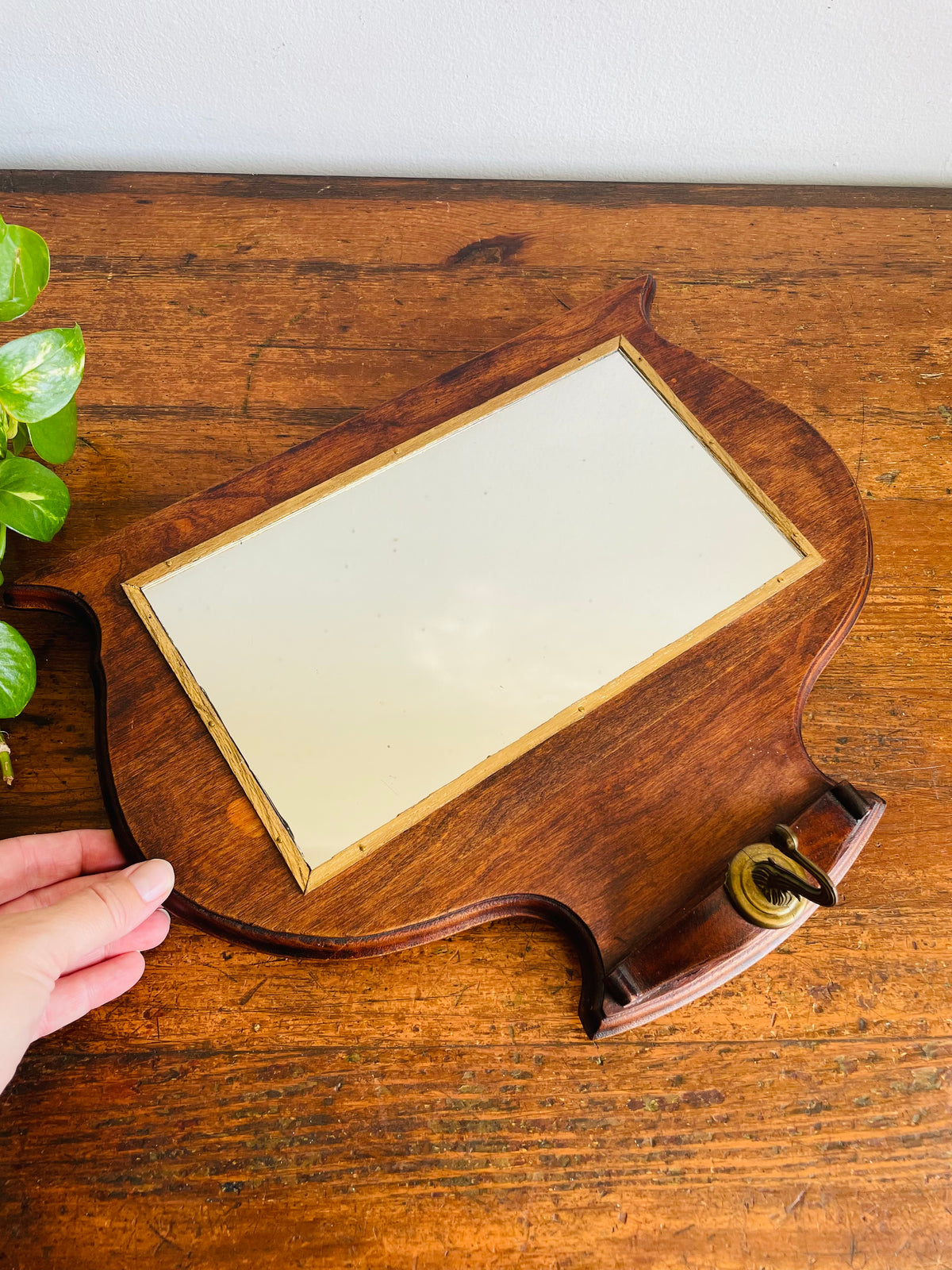 Vintage / Antique Wood Mirror with Gold Trim & Brass Hook for Hanging Items