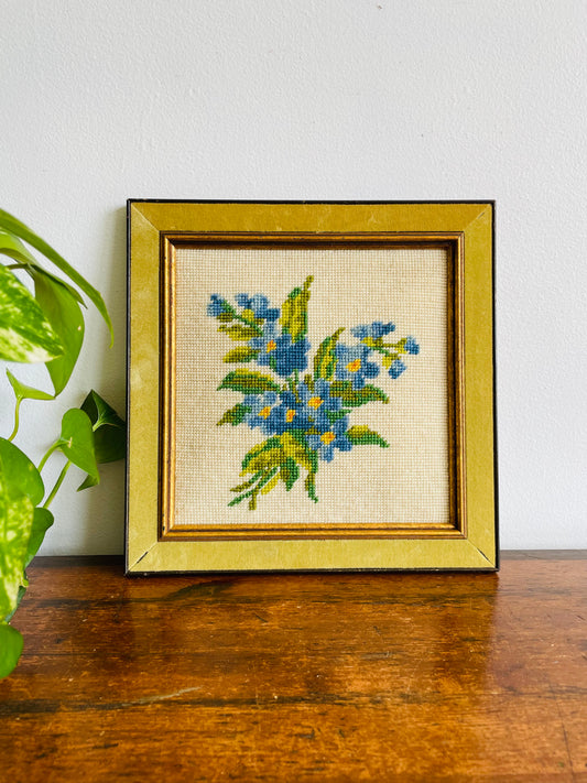 Blue Floral Needlepoint Embroidery Picture in Chartreuse Green Velvet & Wood Frame