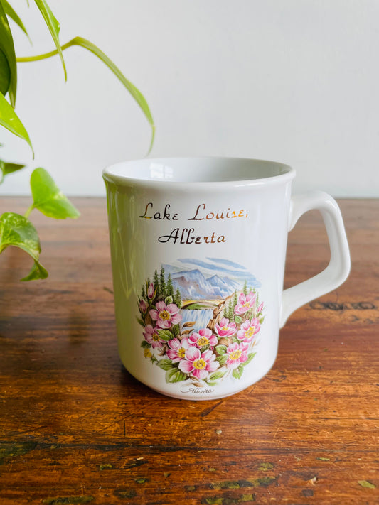Lake Louise, Alberta White Mug with Flower & Mountain Graphic - Tams Made in England