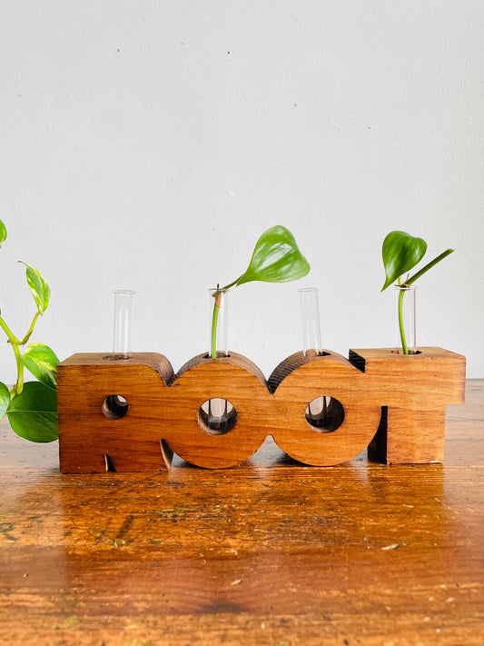 Vintage ROOT Propagation Station or Bud Vase - Carved Wooden Holder with 4 Glass Test Tube Inserts