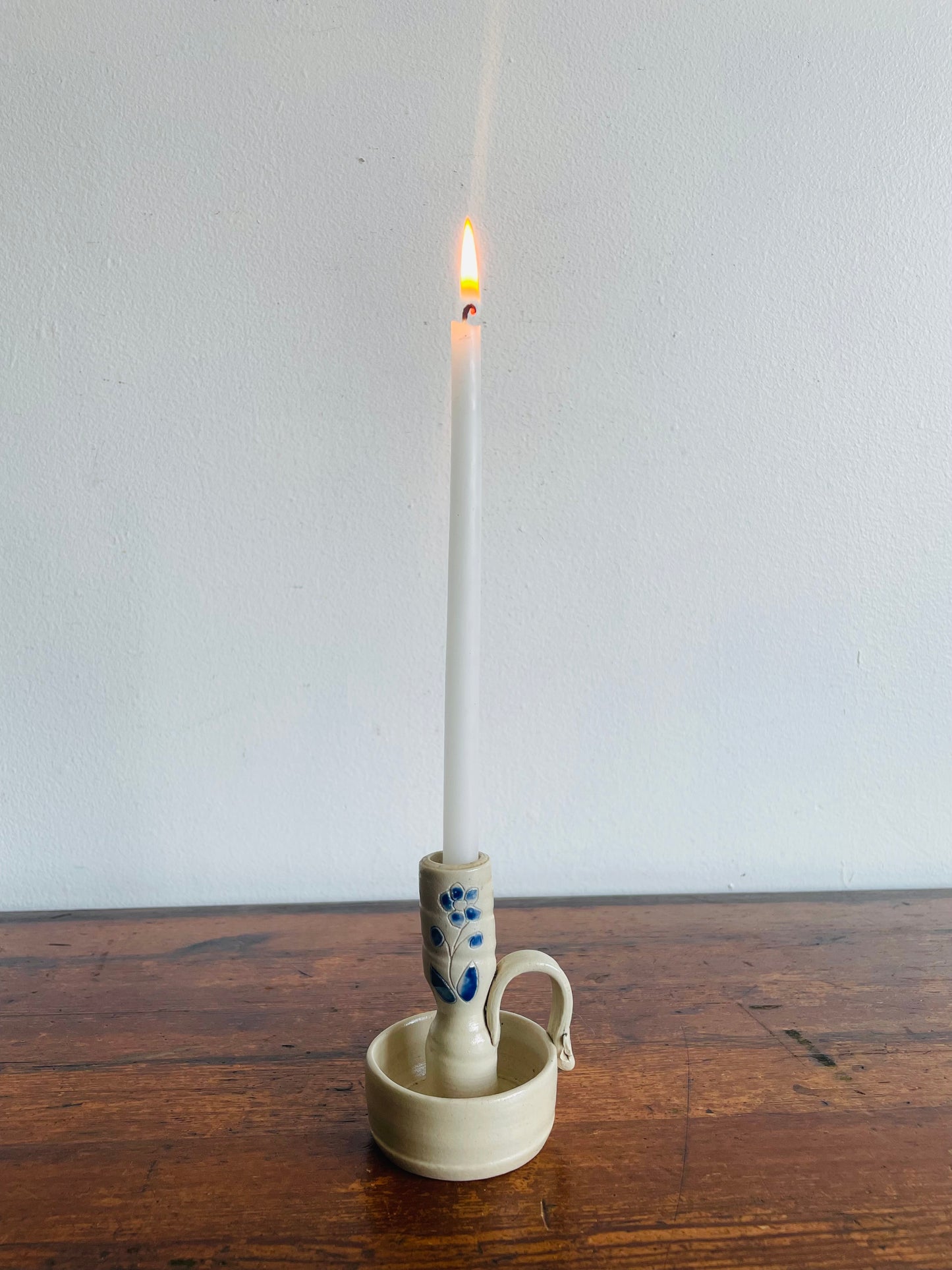 Studio Art Pottery Chamberstick Candle Holder with Painted Blue Flower