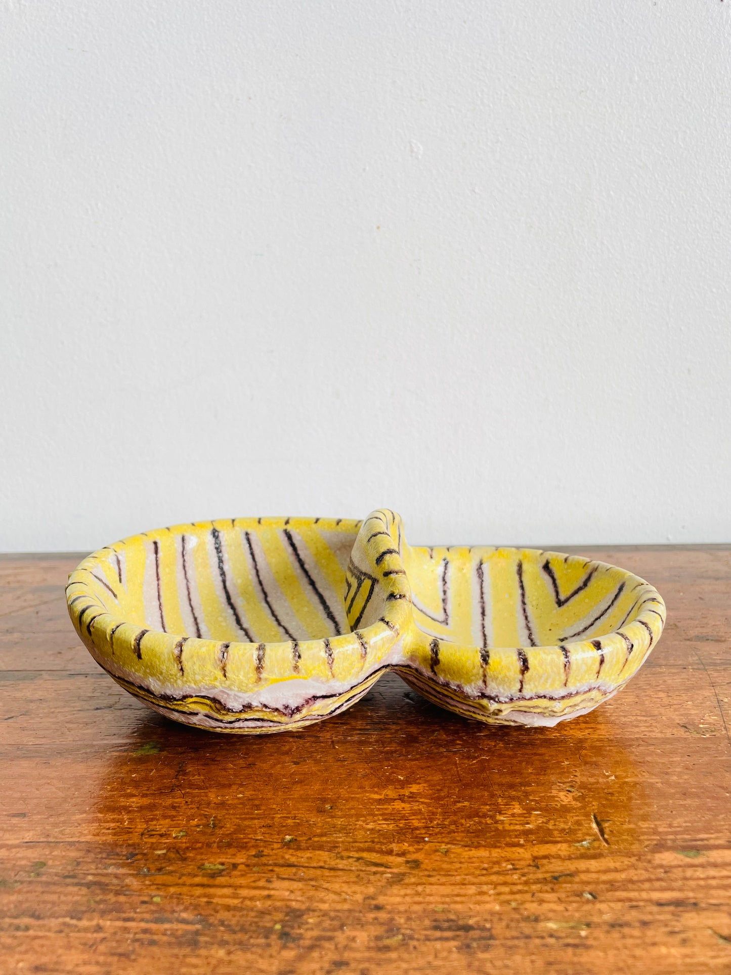 Vintage Mid-Century 1950s Guido Gambone (1909-1969) Ceramic Pottery Divided Bowl Double Dish - La Terrena, Florence - Made in Italy - Donkey Mark - Signed - Modern Abstract Style