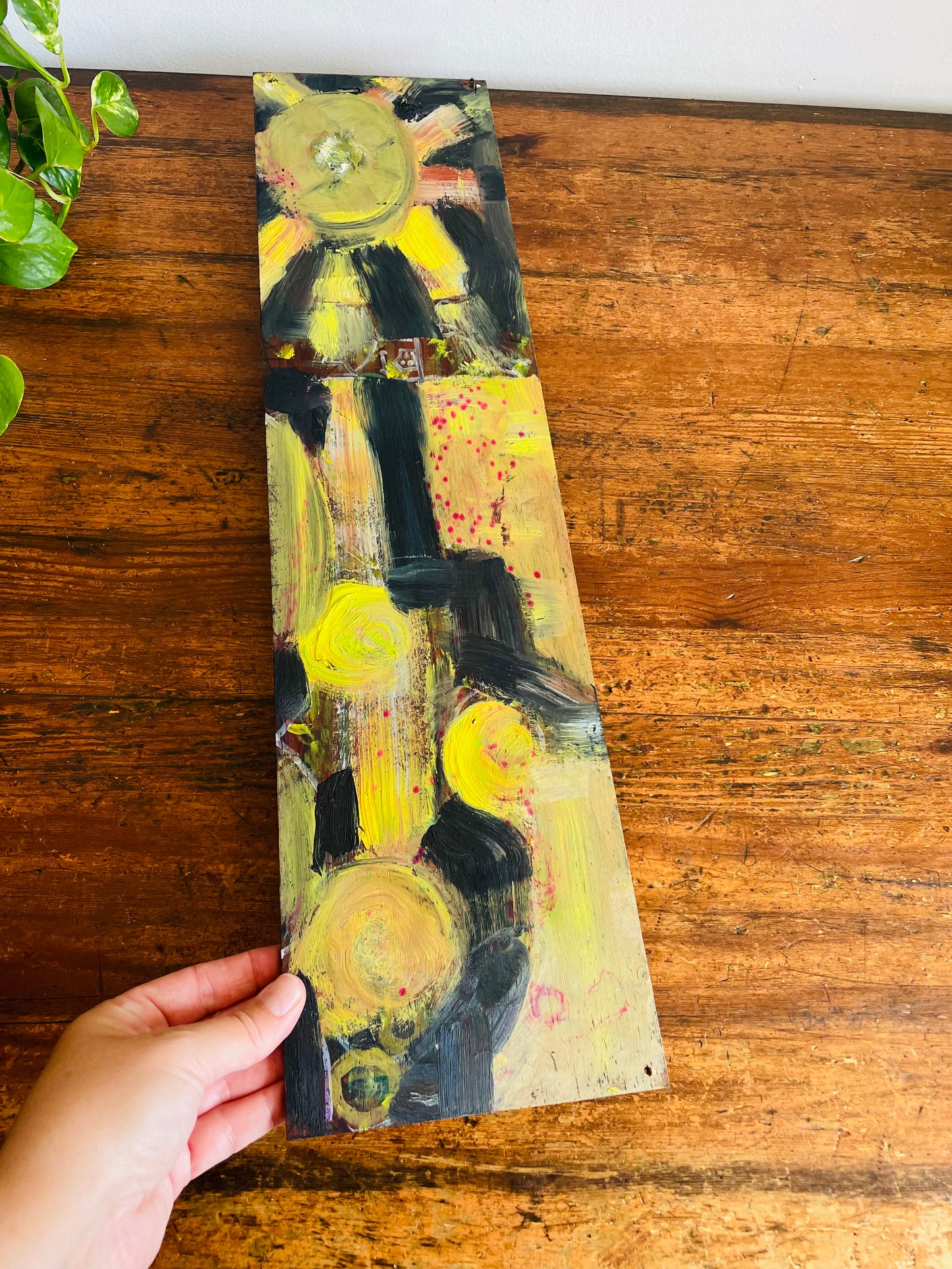 Original Art Yellow & Black Abstract Painting on Wood Board with Fish Hooks to Hang From Wall - Purchased from an Artist's Estate in Fort Erie, ON - No Shipping