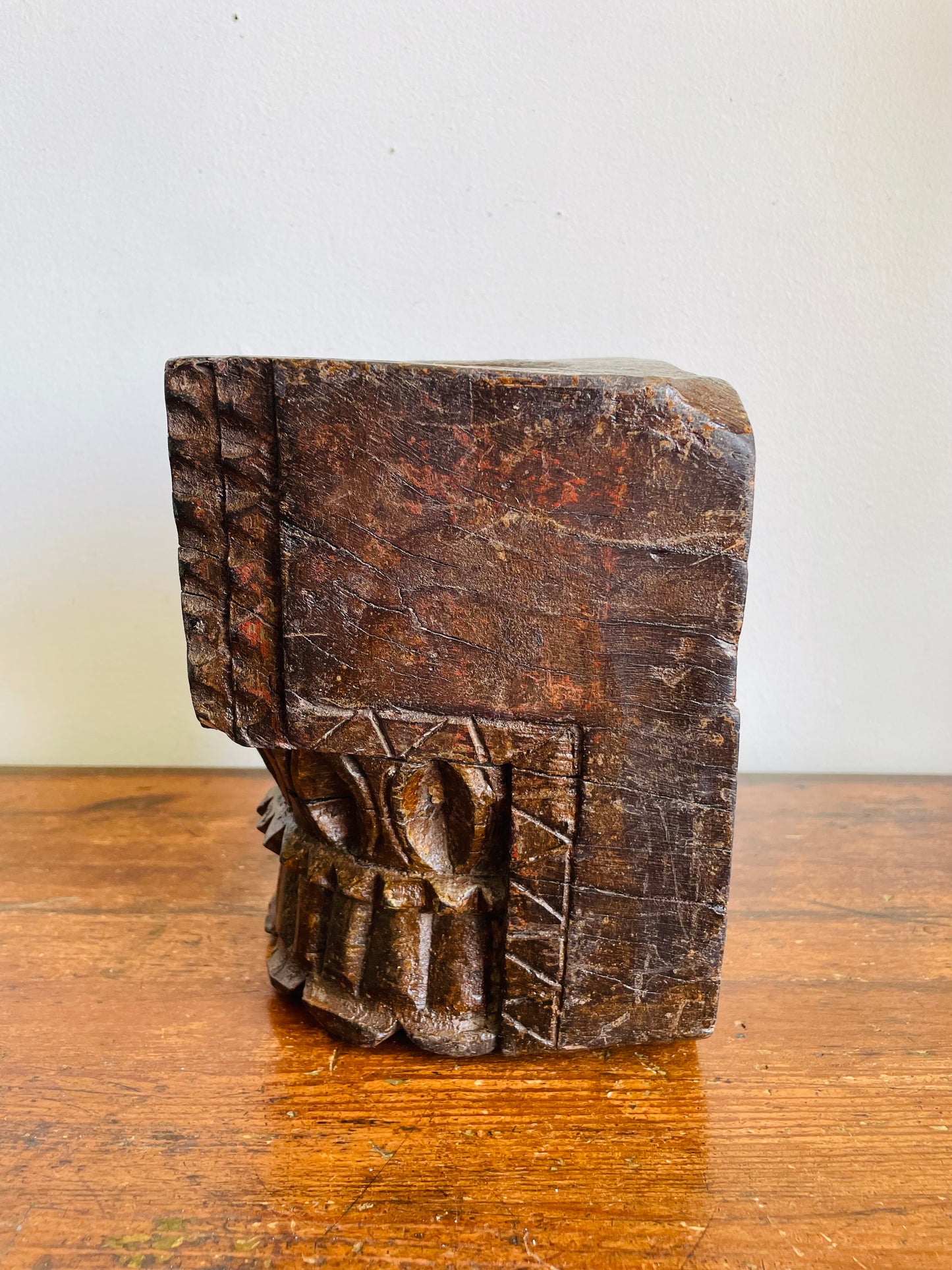 Vintage / Possibly Antique Hand-Carved Indian Architectural Salvage - Solid Wood Heavy Pillar Post from Temple or Home - Has Brackets for Hanging or Can Stand / Has a Candle Holder Spike Carved Out on Top