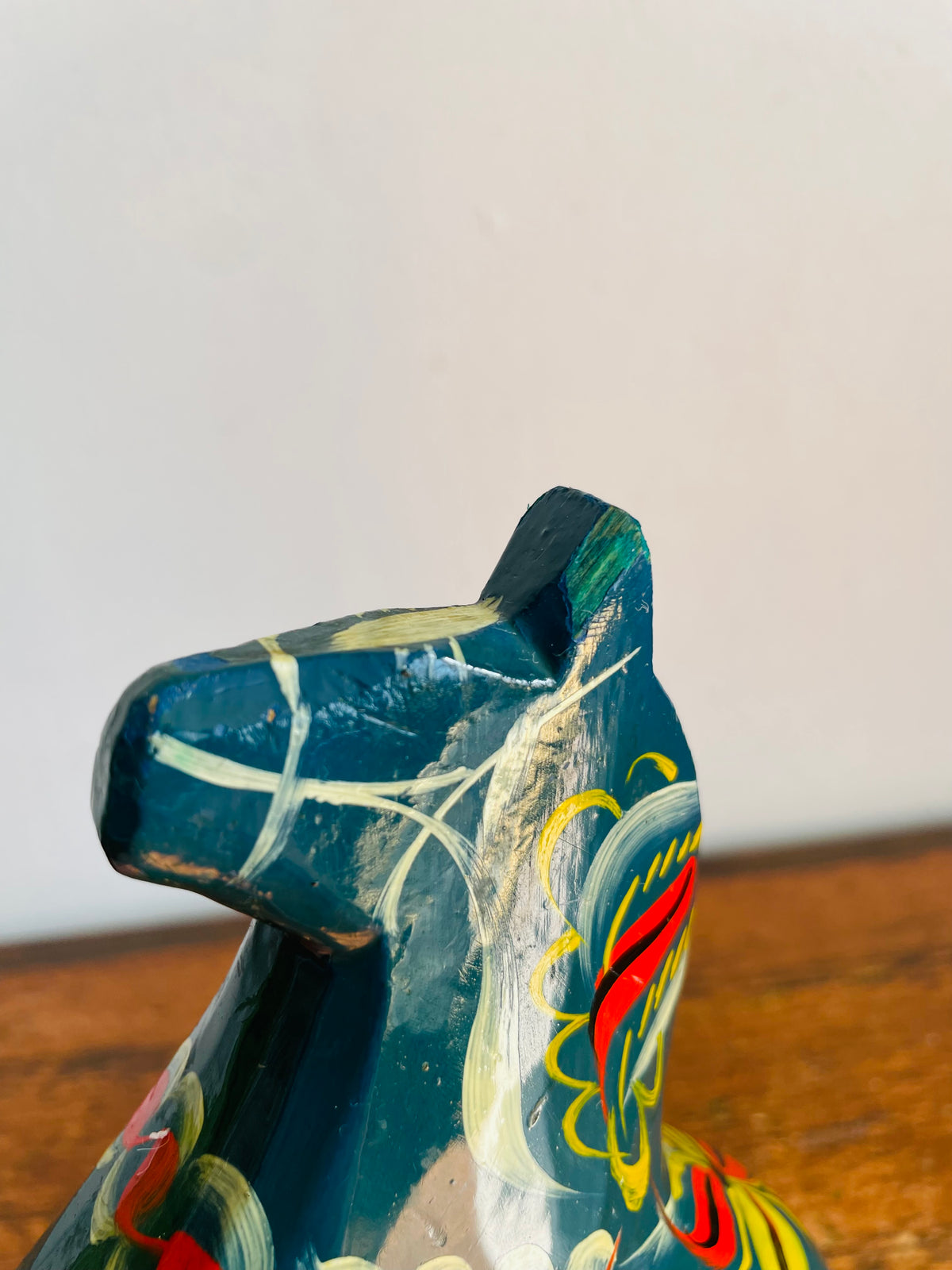 Vintage Swedish Painted Blue & Red Wood Dala Horse Figurine - Nils Olsson Scandinavian Folk Art