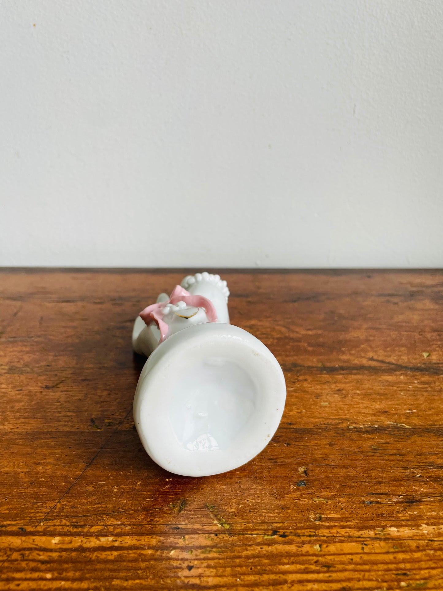 Vintage Porcelain White Hand Bud Vase with Pink Bow & Heart Design