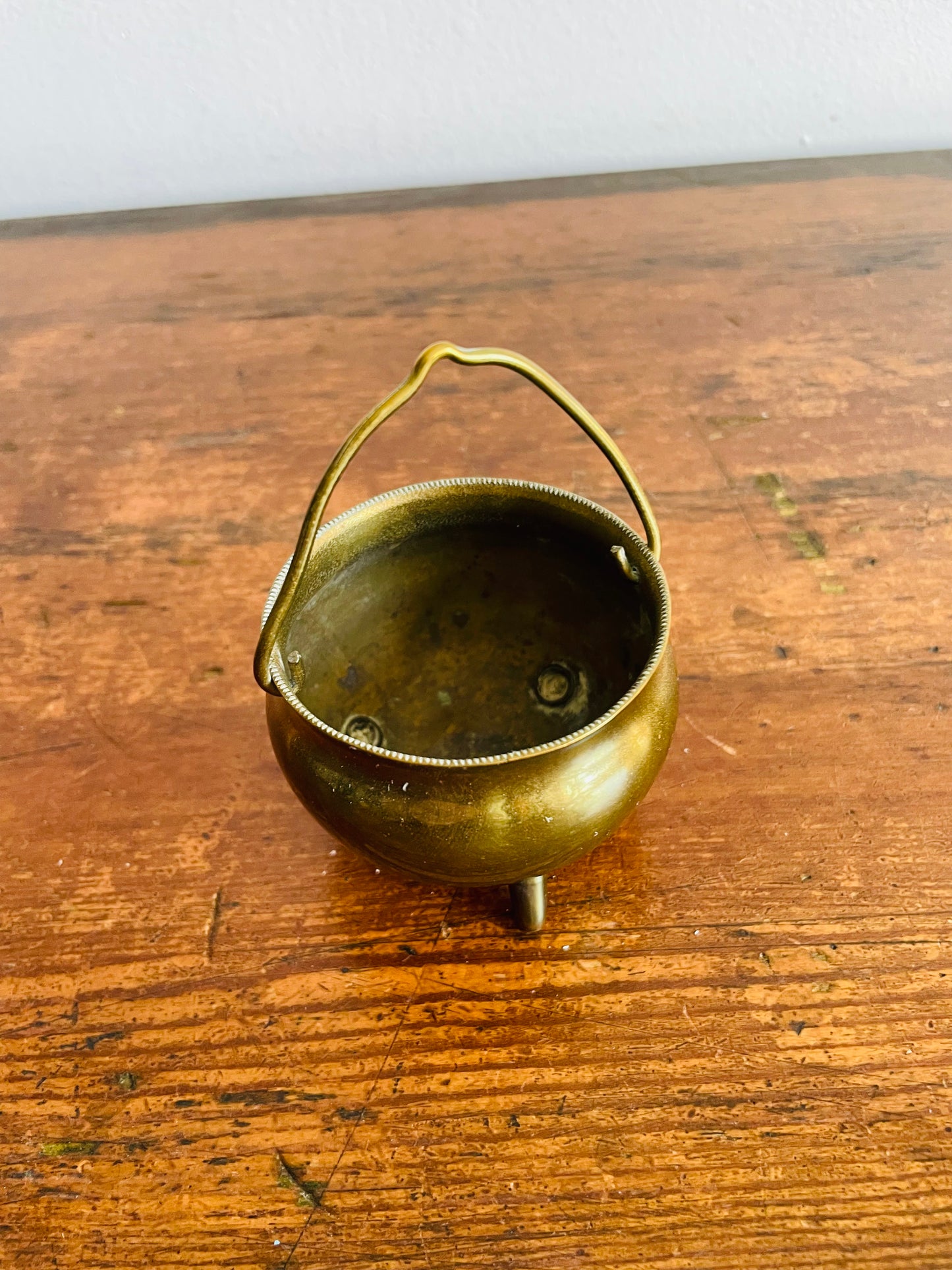 Miniature Footed Brass Cauldron Pot with Handle