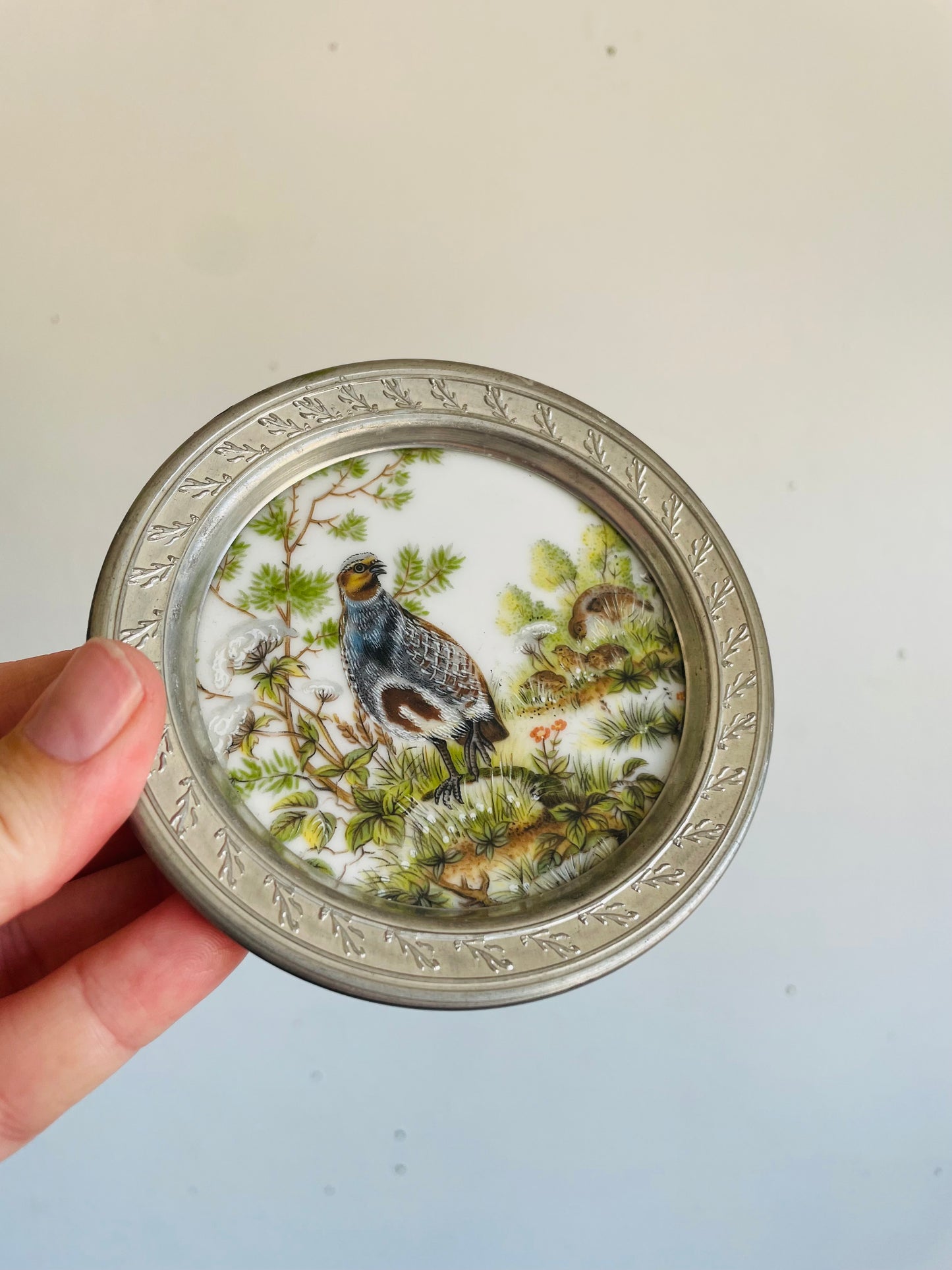 Vintage Kaiser West Germany Porcelain & Pewter Coaster, Trinket Dish, or Wall Hanging Picture with Quail Bird Design - Includes Optional Wall Hanging Hook